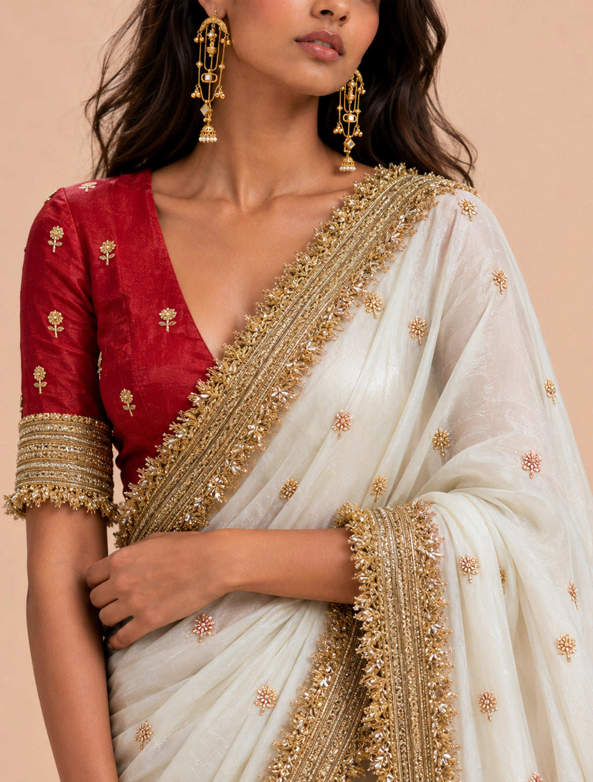 trueBrowns Ivory Embroidered Satin Tissue Saree With Unstitched Blouse