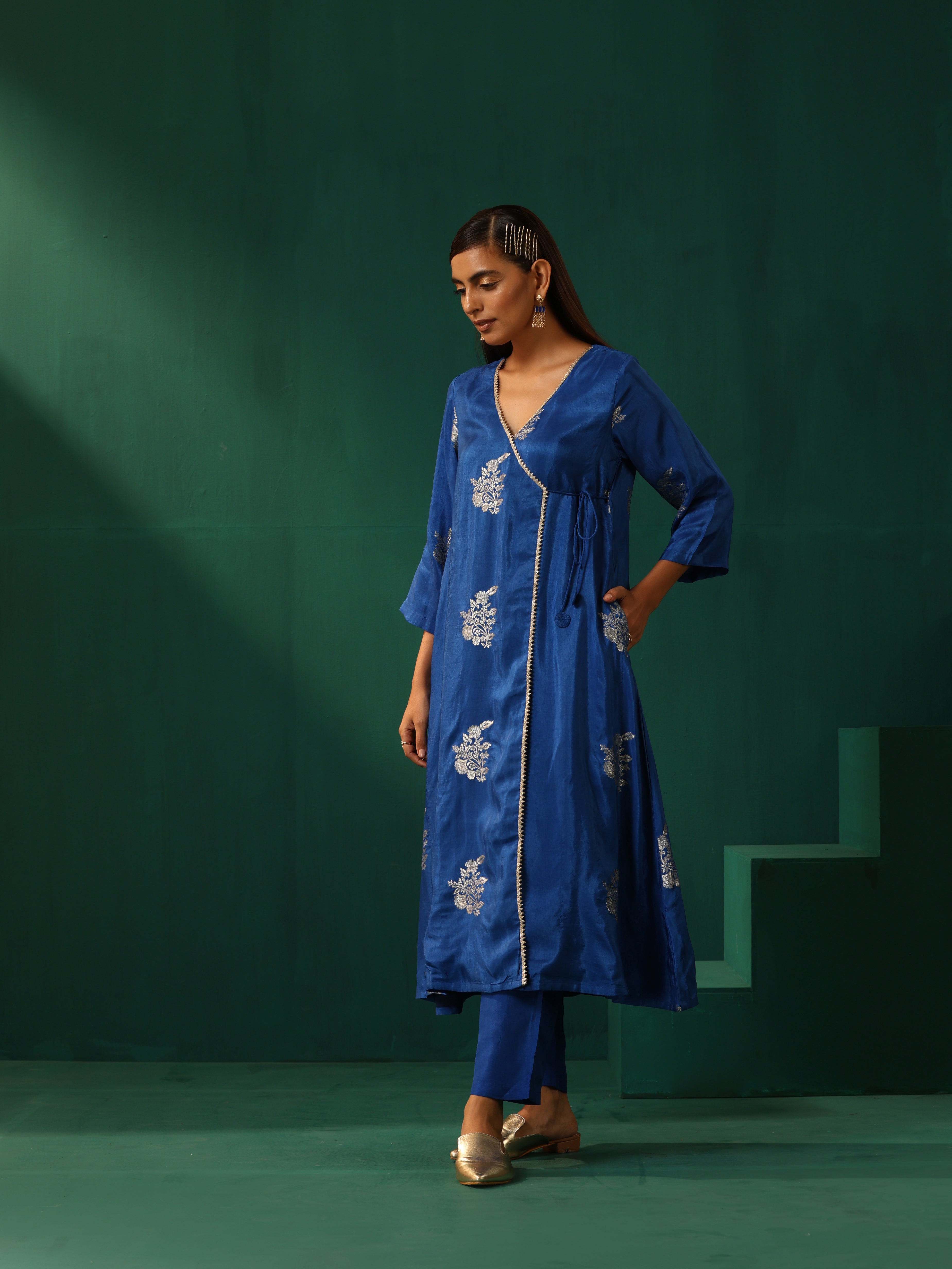 trueBrowns Royal Blue Floral Viscose Silk Angrakha Kurta Pant Set