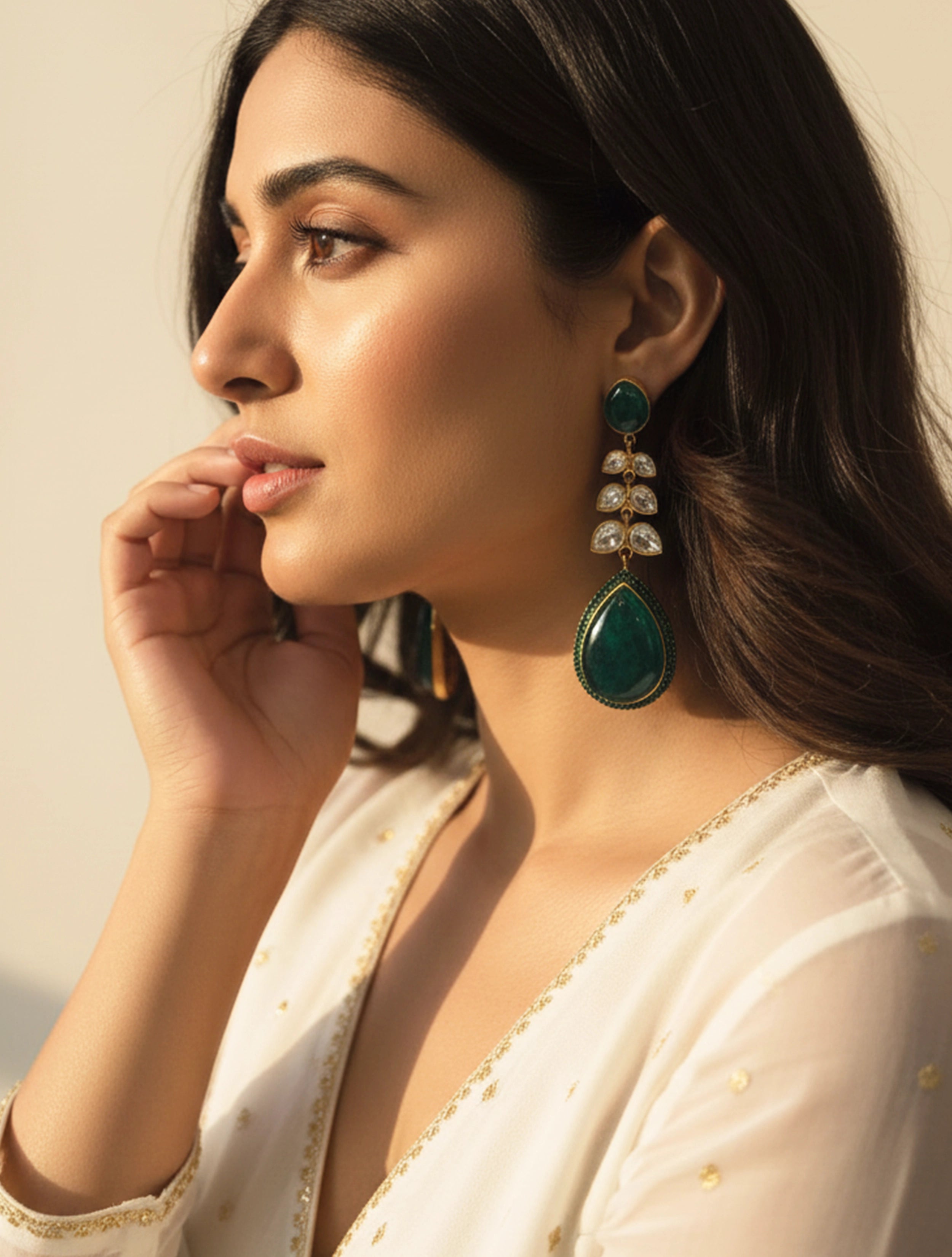 trueBrowns Green White Drop Earrings