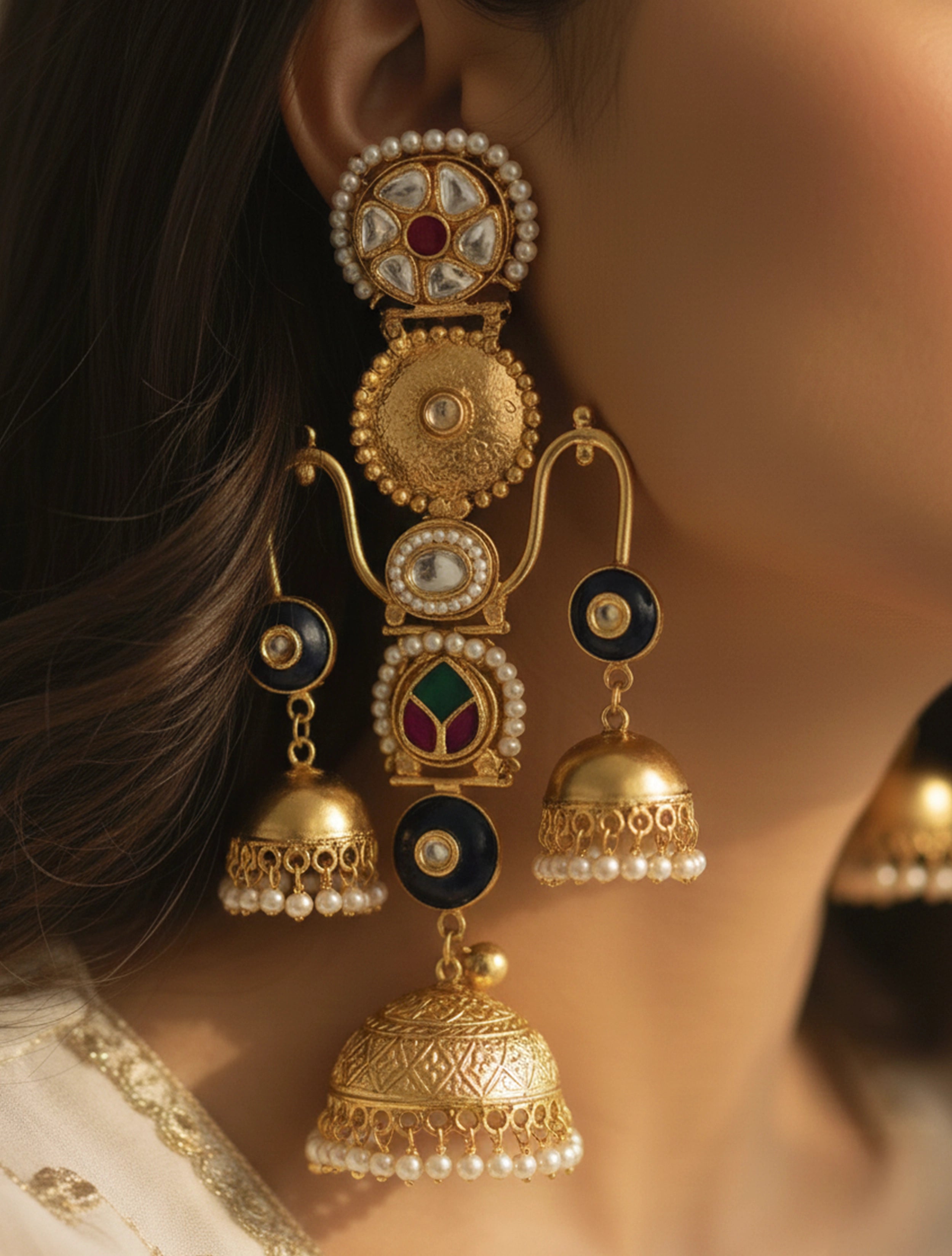 trueBrowns Kashmiri Navy Kundan Pearl Earrings