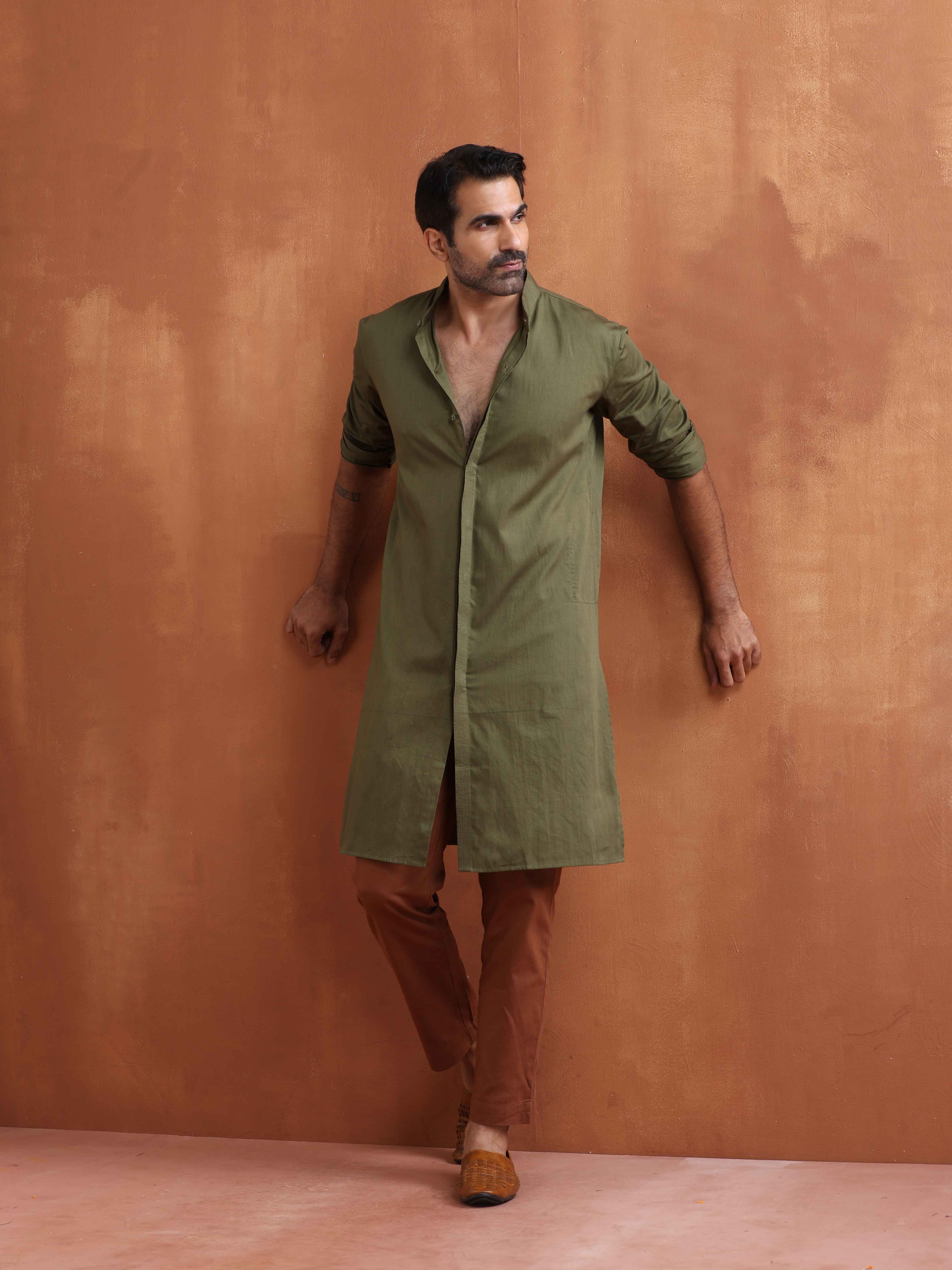 trueBrowns Men's Olive Green Cotton Front Open Kurta