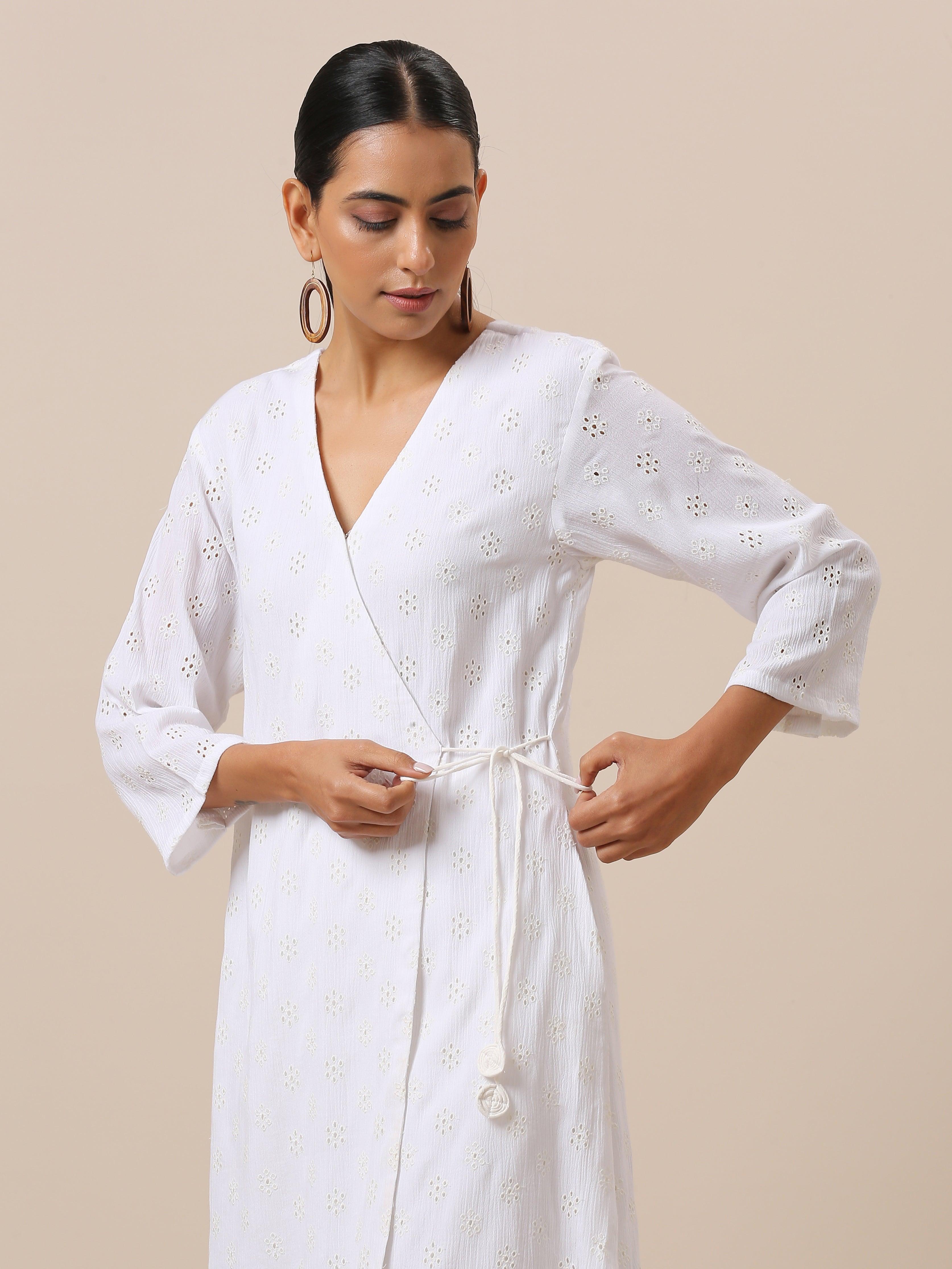 Cotton White Schiffli Angrakha Pant Set - trueBrowns