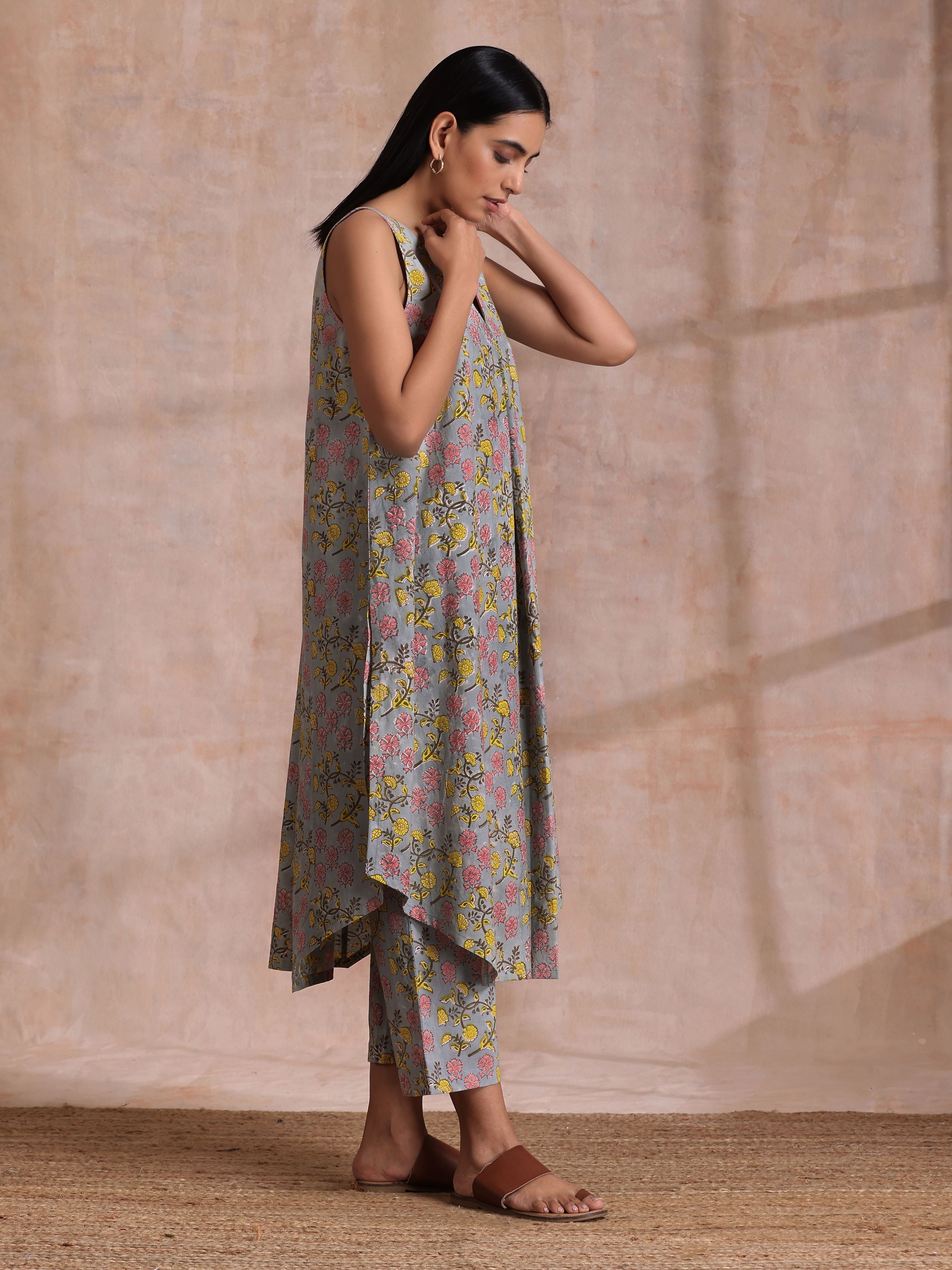 Grey Overall Floral Block Print Cotton Sleeveless Flared Kurta Pant Set