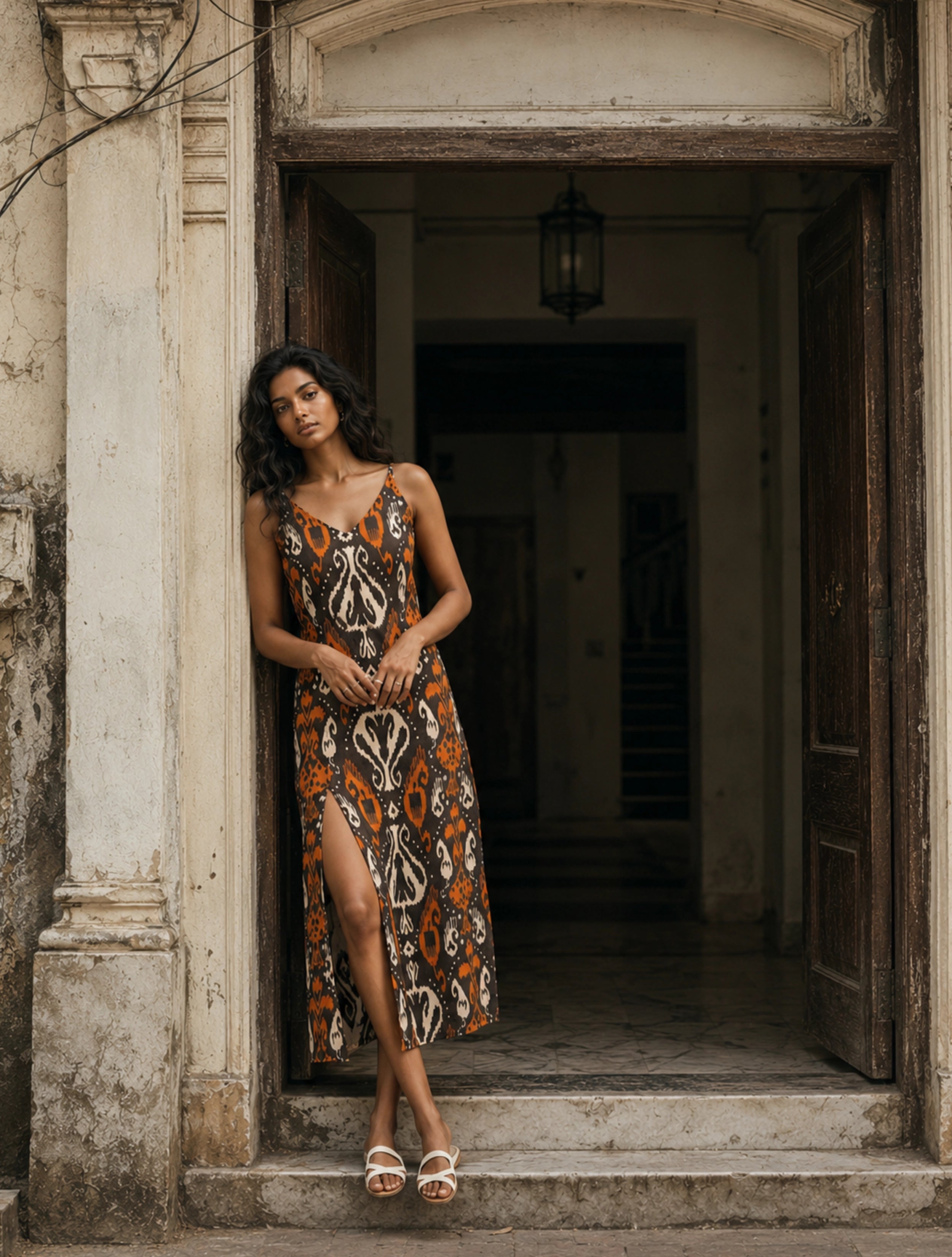 trueBrowns Cola Orange Ikat Print Cotton Mull Strappy Long Dress