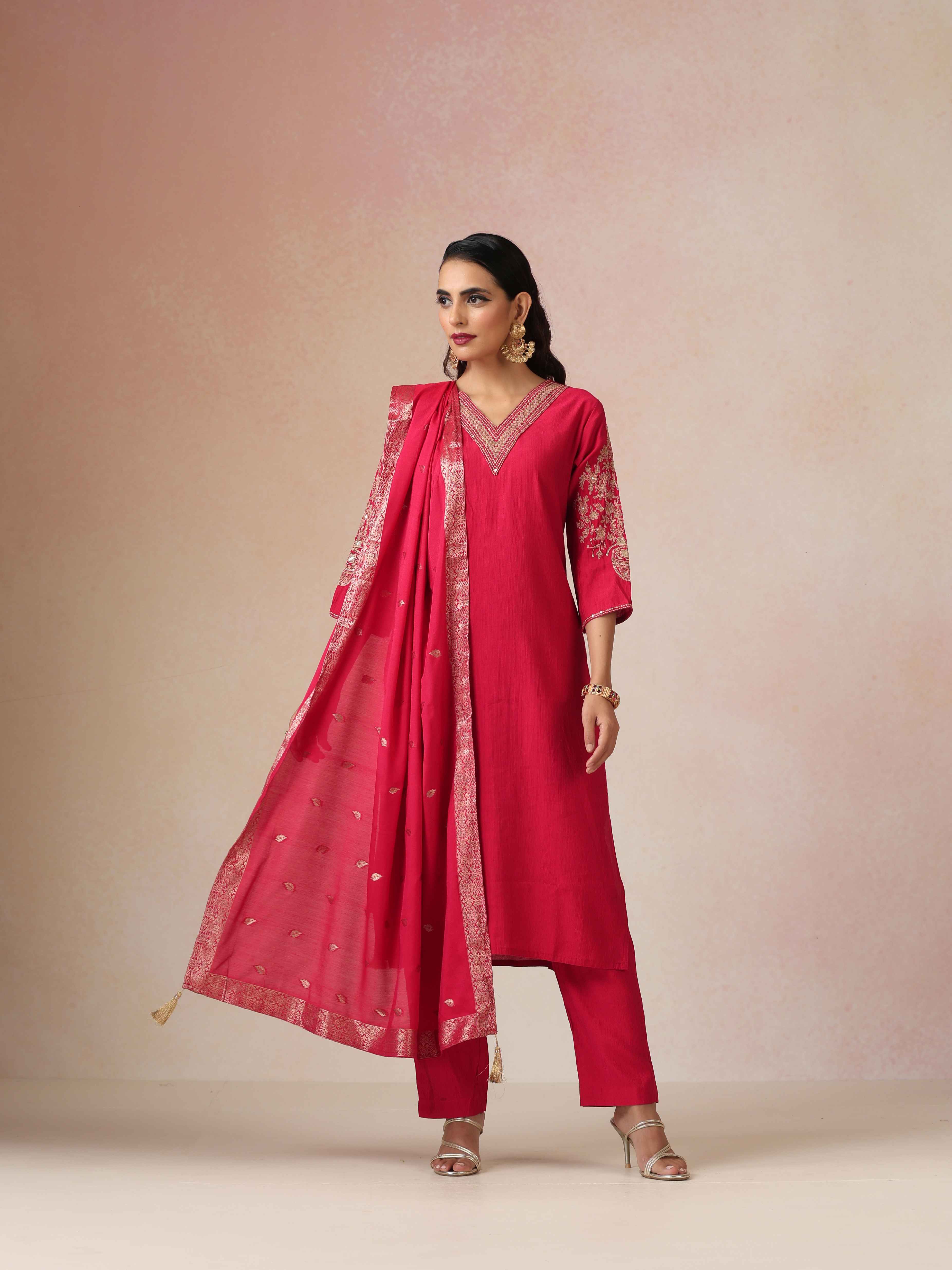 trueBrowns Red Embroidered Straight Kurta Pant Dupatta Set