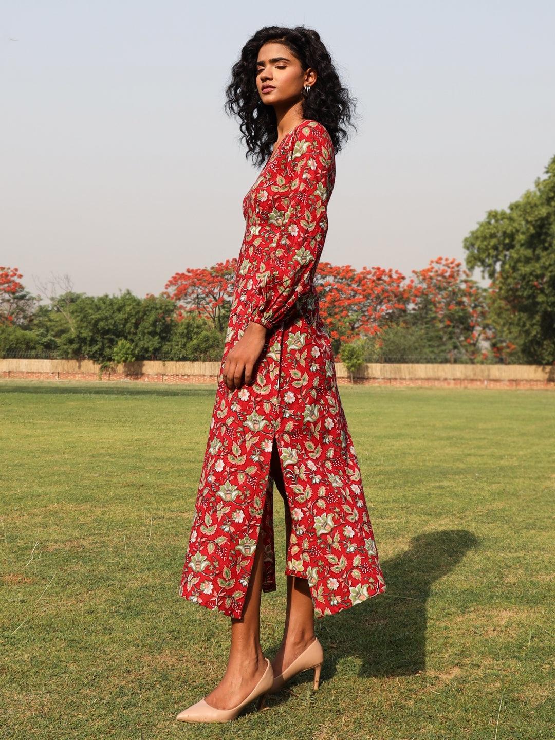 Red Cotton Block Print Backless Dress - trueBrowns