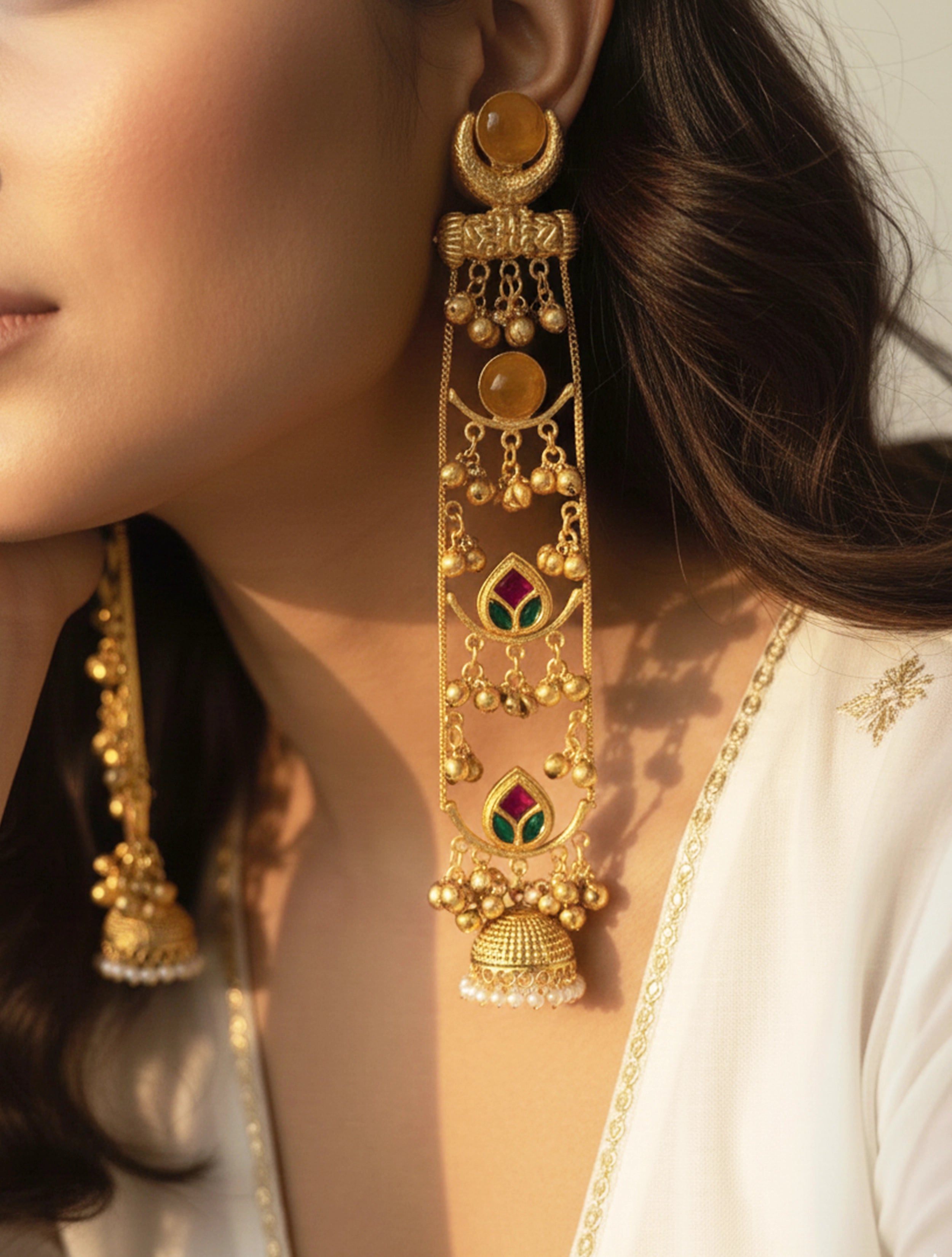 trueBrowns Kashmiri Yellow Statement Kundan Drop Earrings