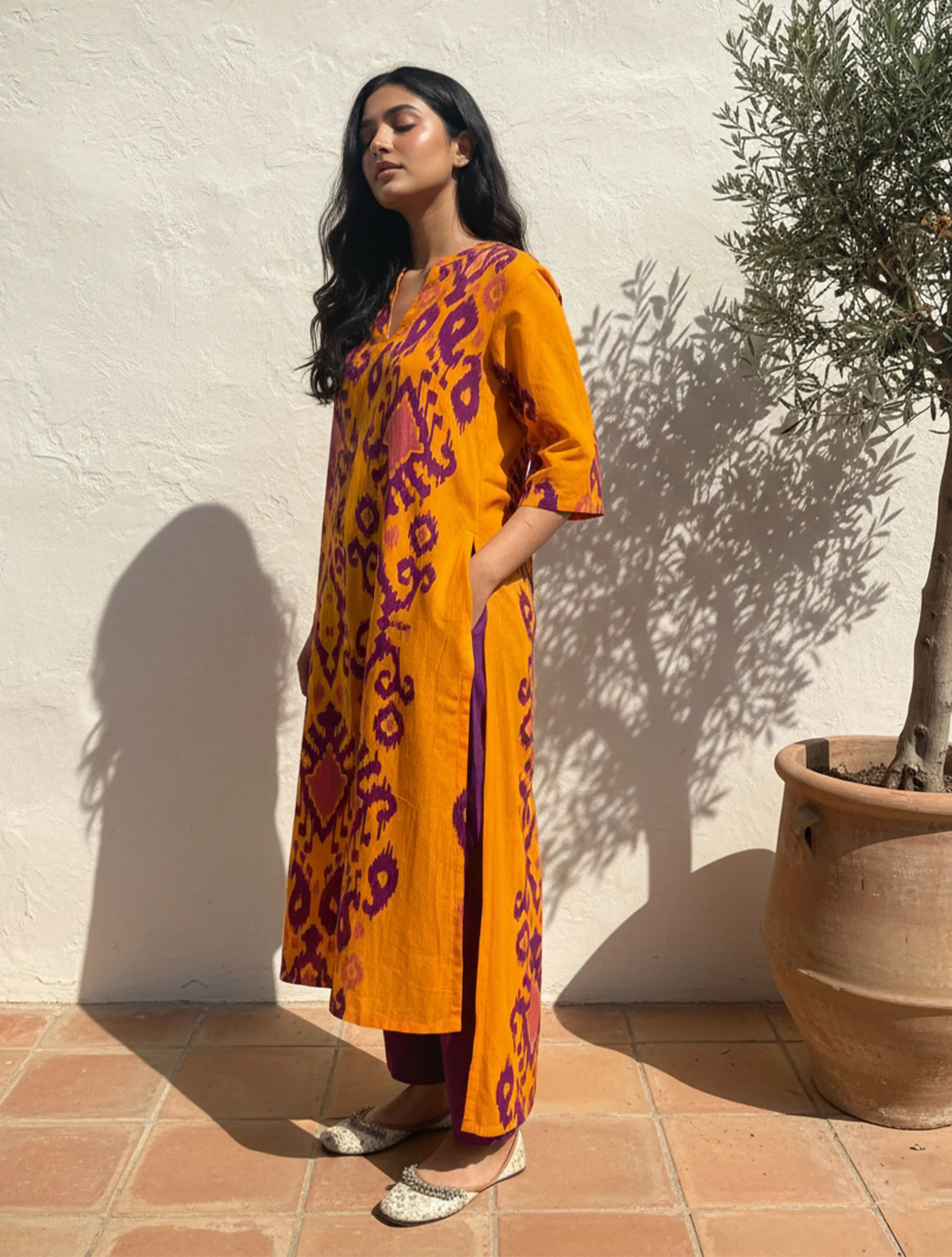 trueBrowns Yellow Purple Ikat Print Cotton High-Low Kurta Set
