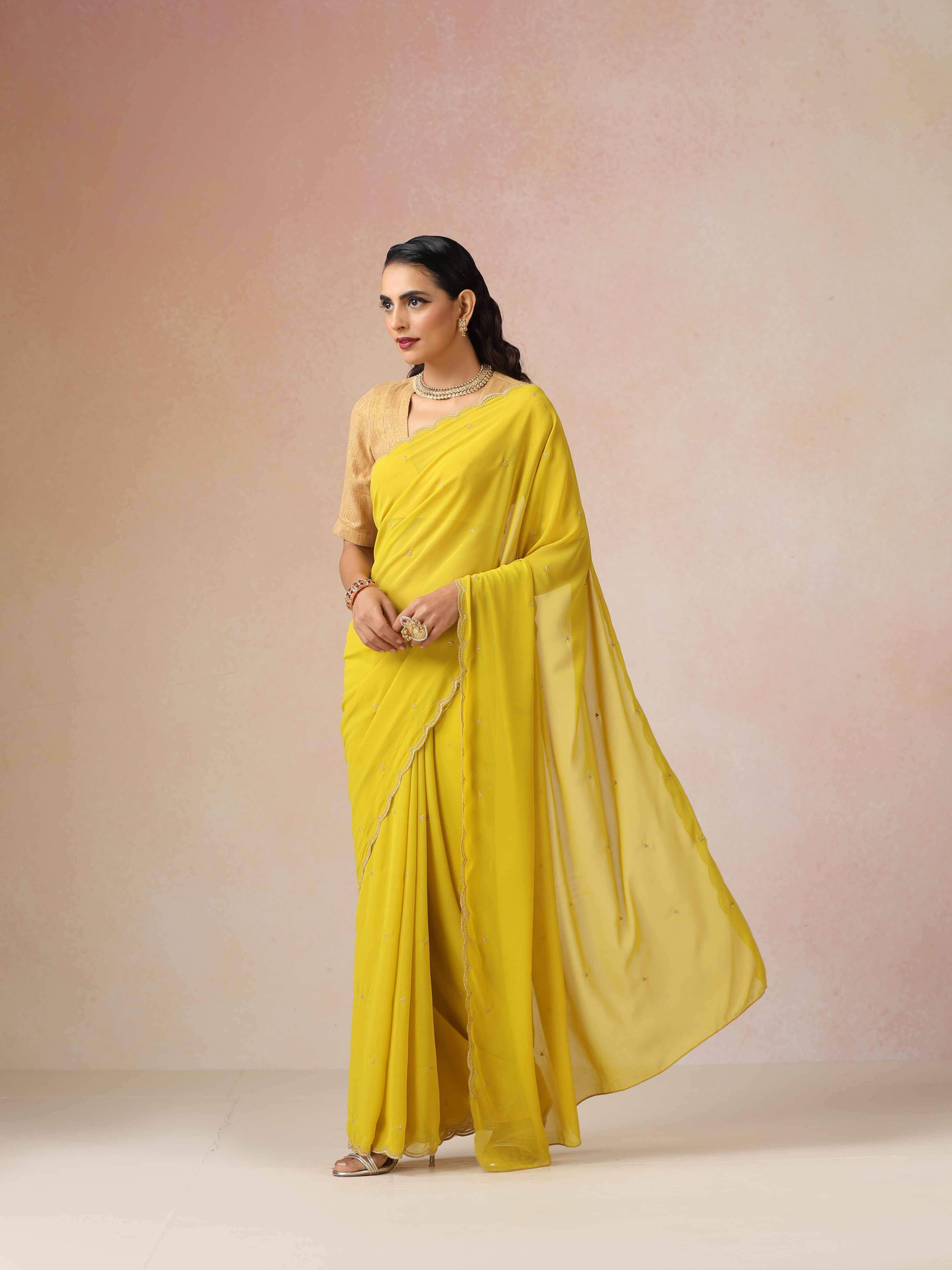 trueBrowns Lime Georgette Embroidered Saree With unstitched Blouse
