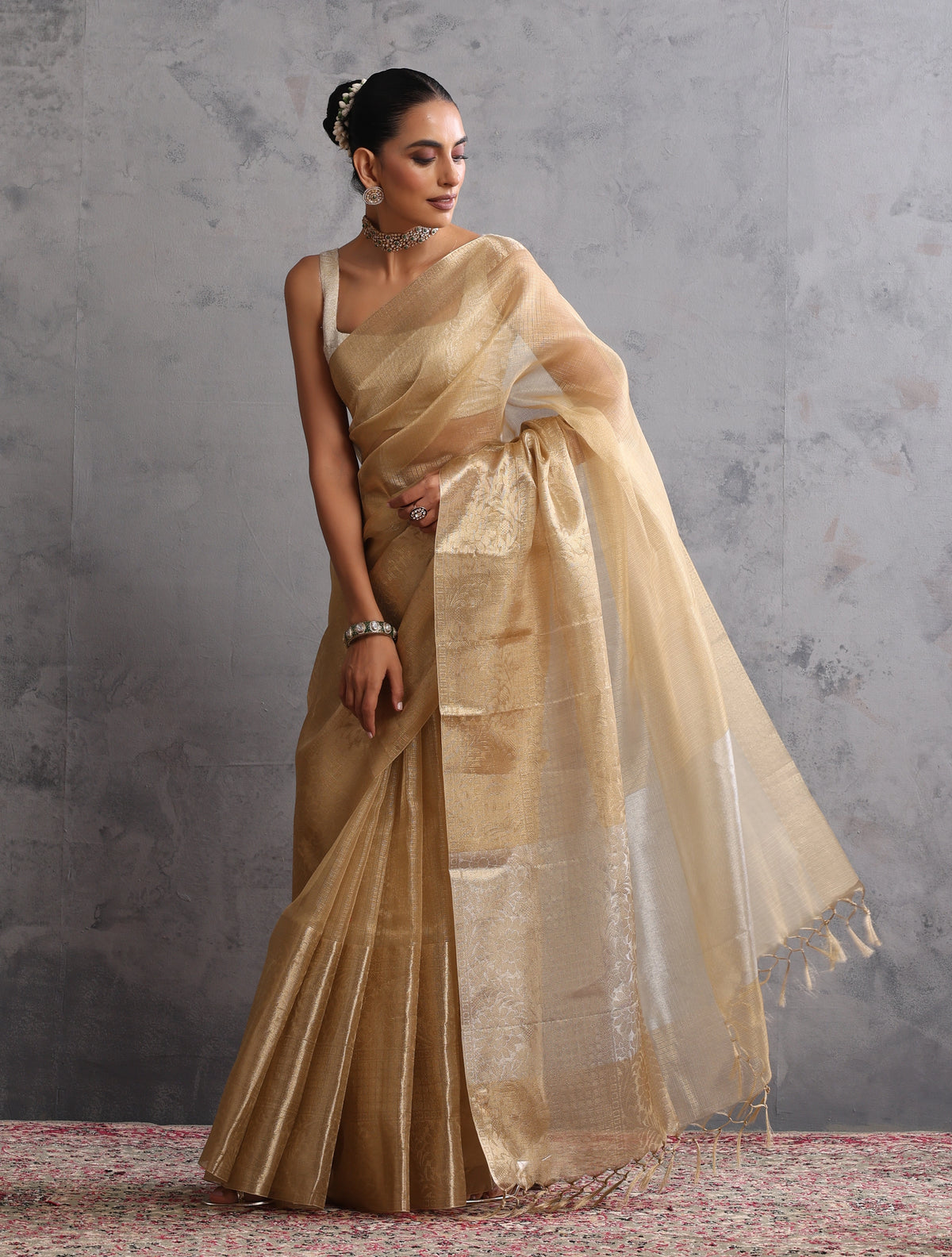 trueBrowns Gold Weave Kota Tissue Handloom Saree With Unstitched Blouse