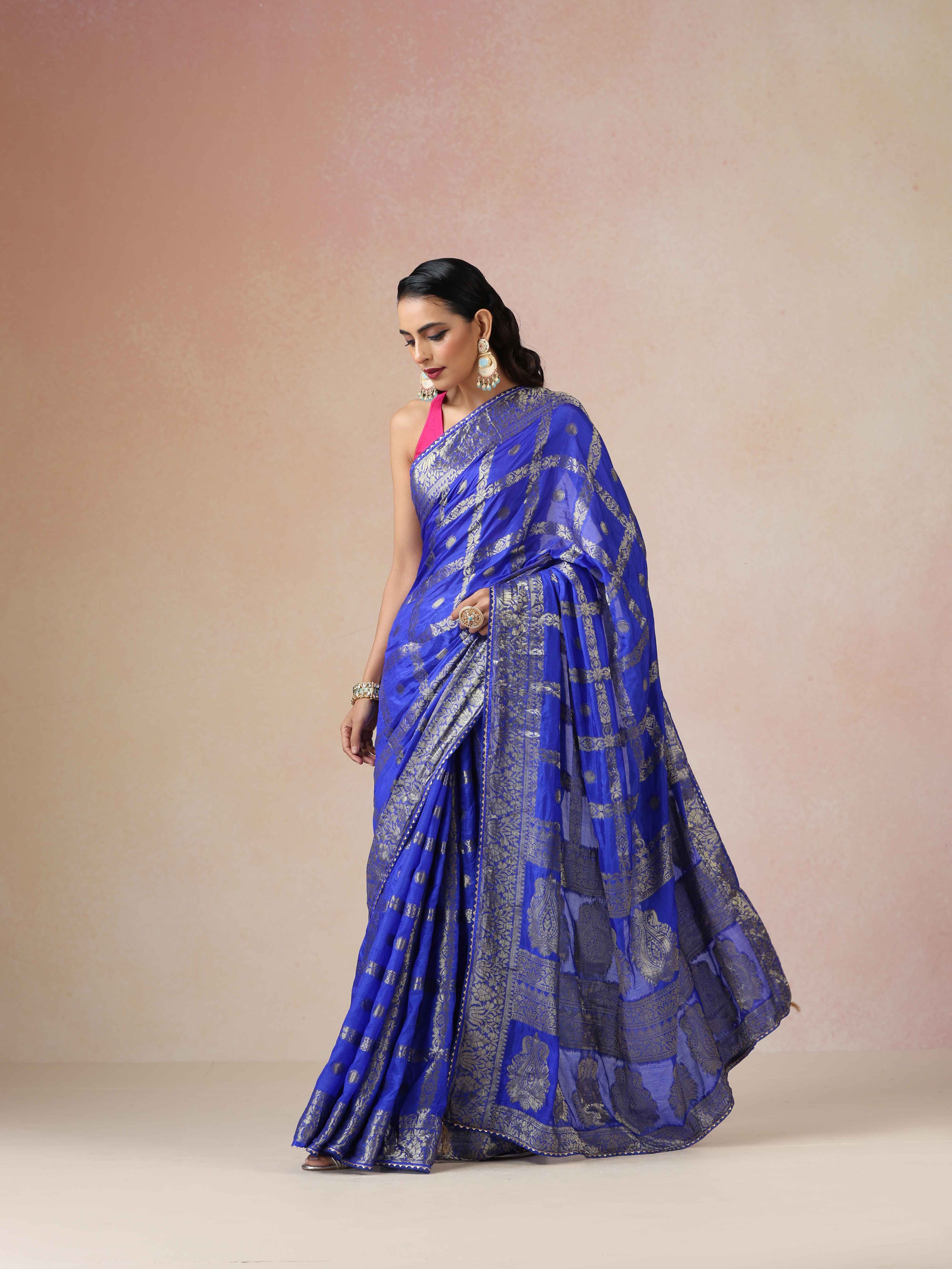 trueBrowns Electric Blue Bandhani Jacquard Saree With Unstitched Blouse