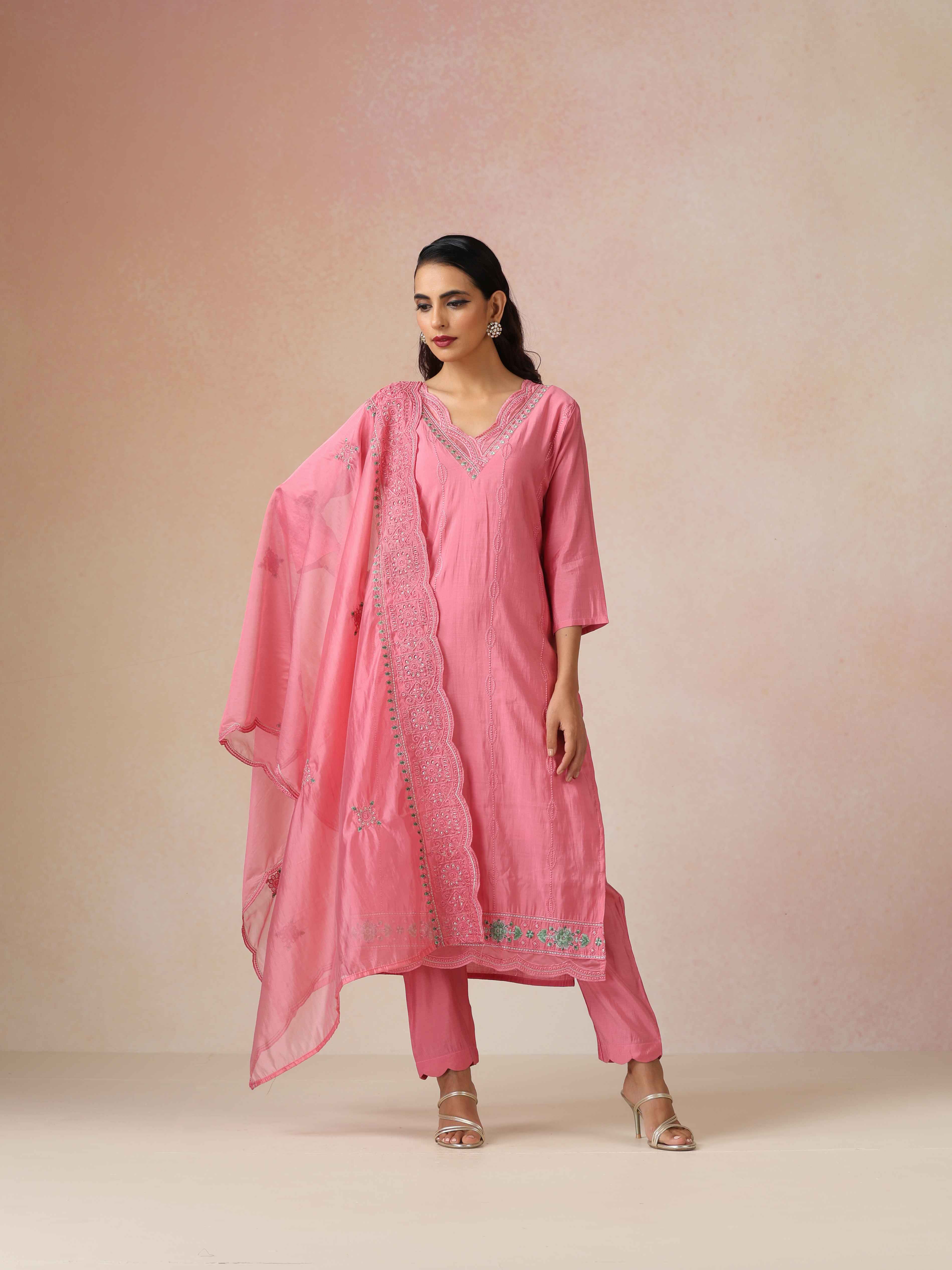 trueBrowns Pink Embroidered Kurta Pant Dupatta Set
