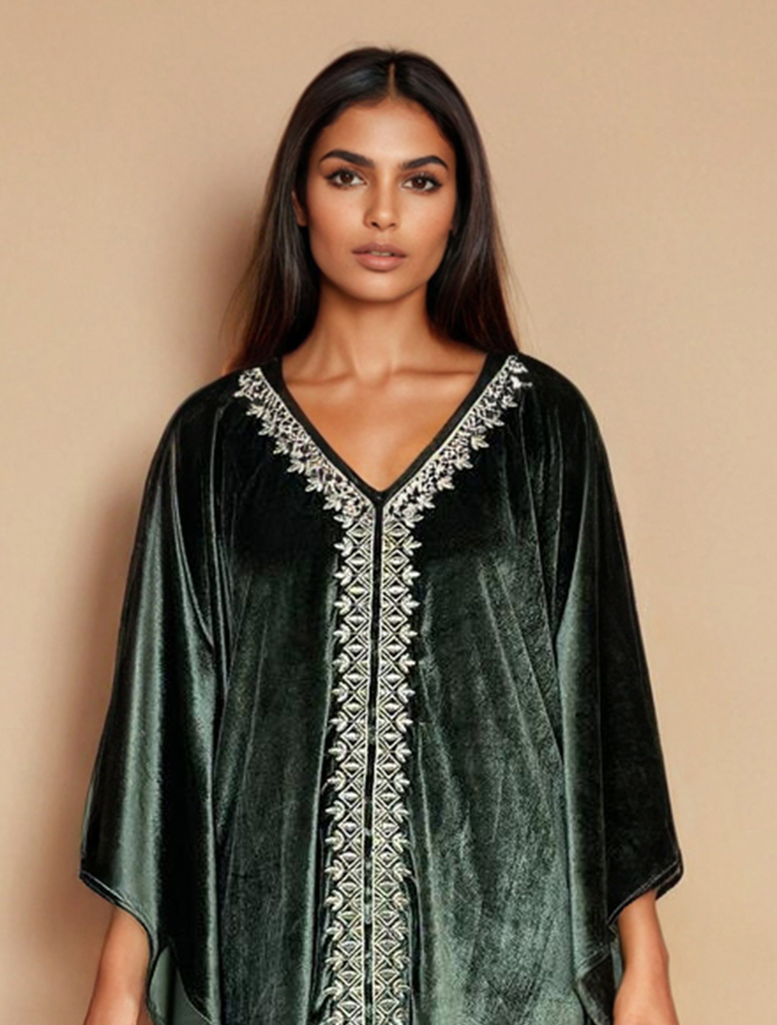 trueBrowns Olive Green Velvet Embroidered Kaftan Kurta Set