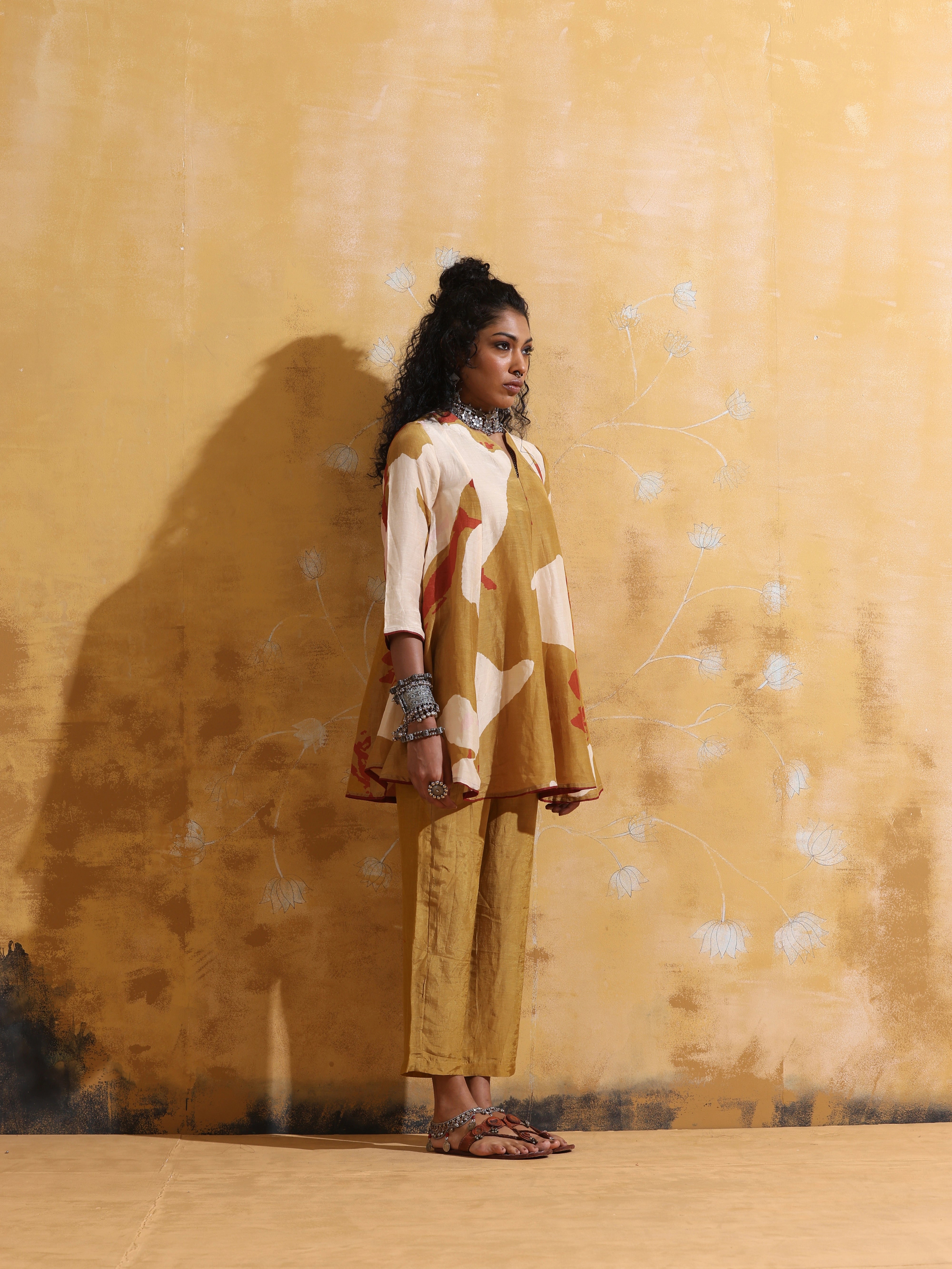 trueBrowns Mustard Rust Red Floral Print Muslin Silk Flared Co-ord Set