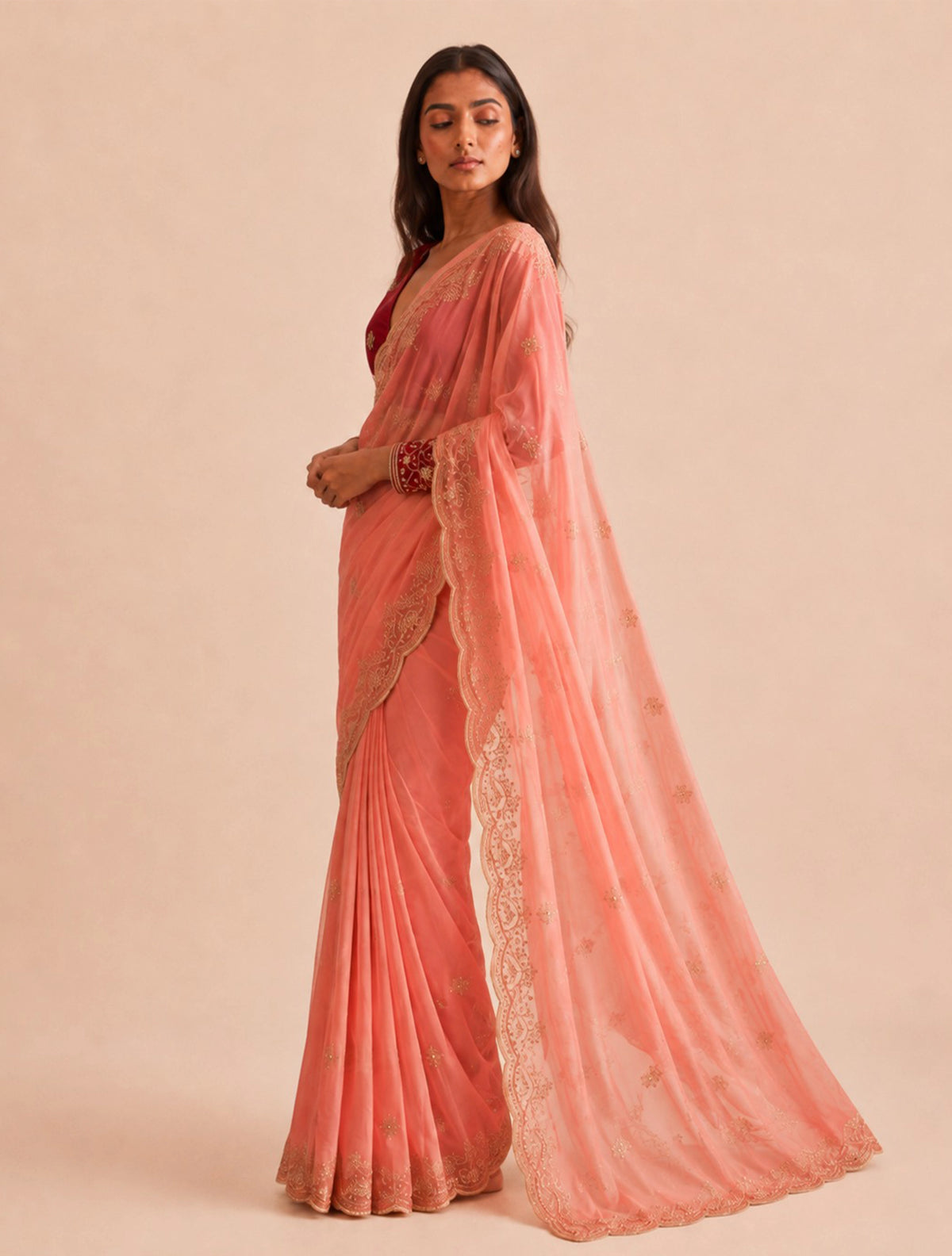 trueBrowns Peach Boota Embroidered Georgette Saree With Unstitched Blouse