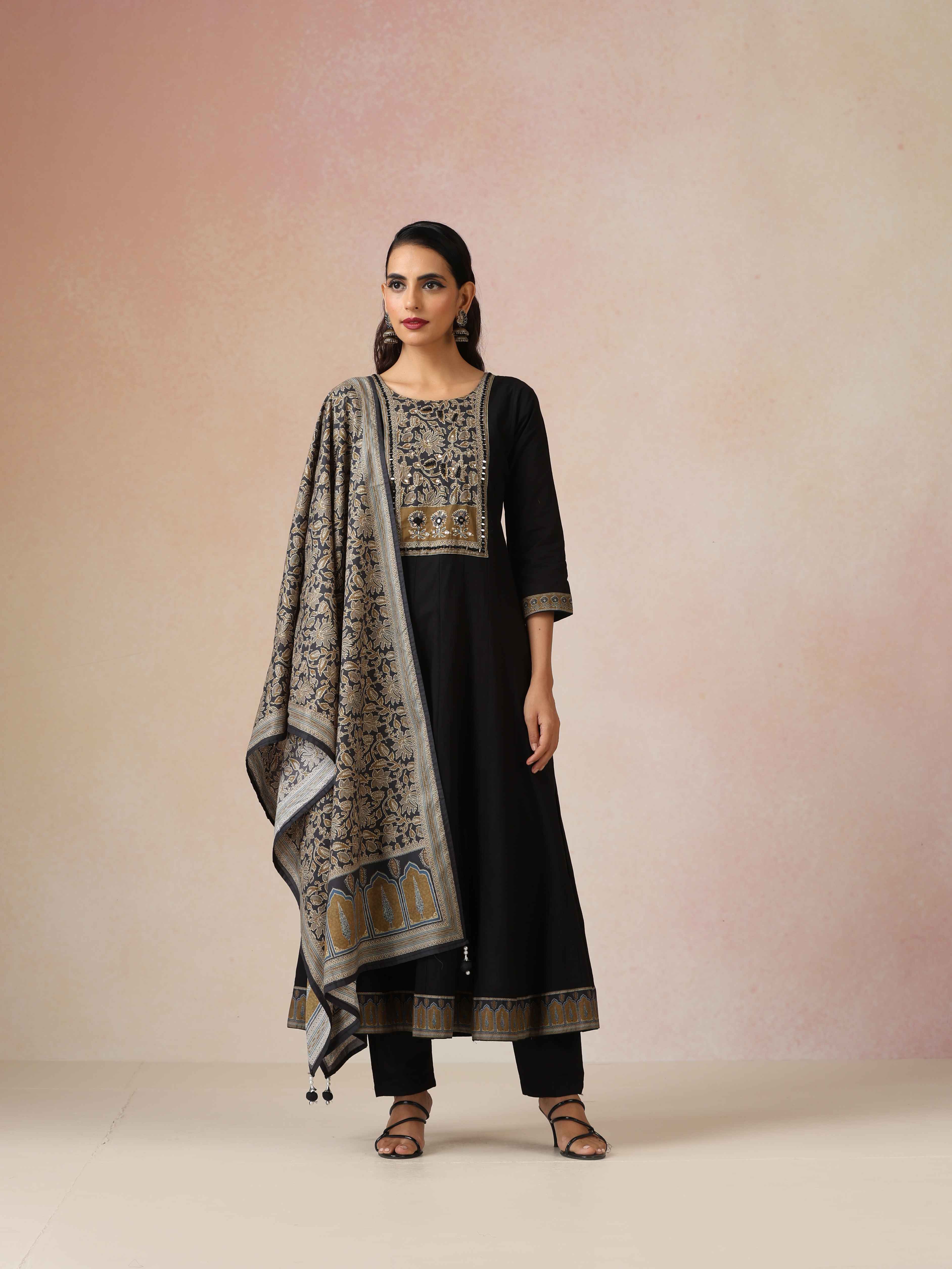 trueBrowns Black Embroidered Anarkali Pant Dupatta Set