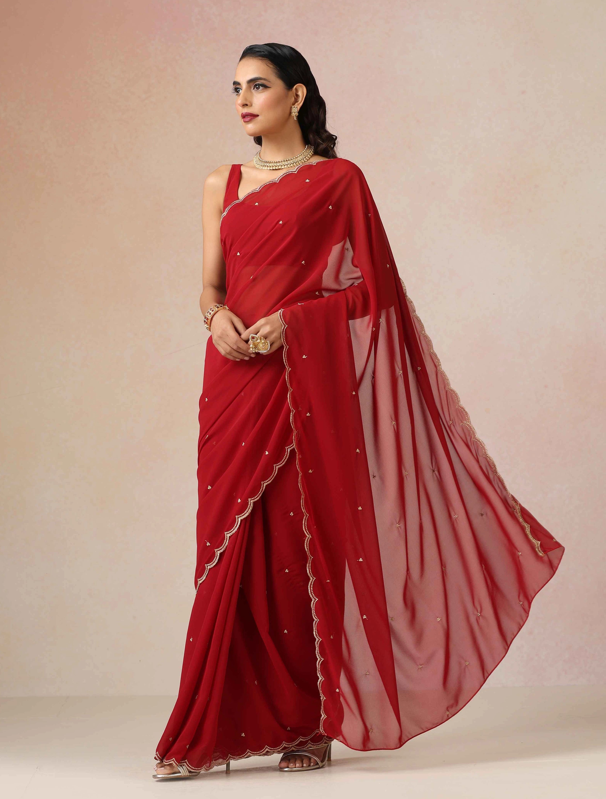 trueBrowns Maroon Georgette Embroidered Saree With unstitched Blouse