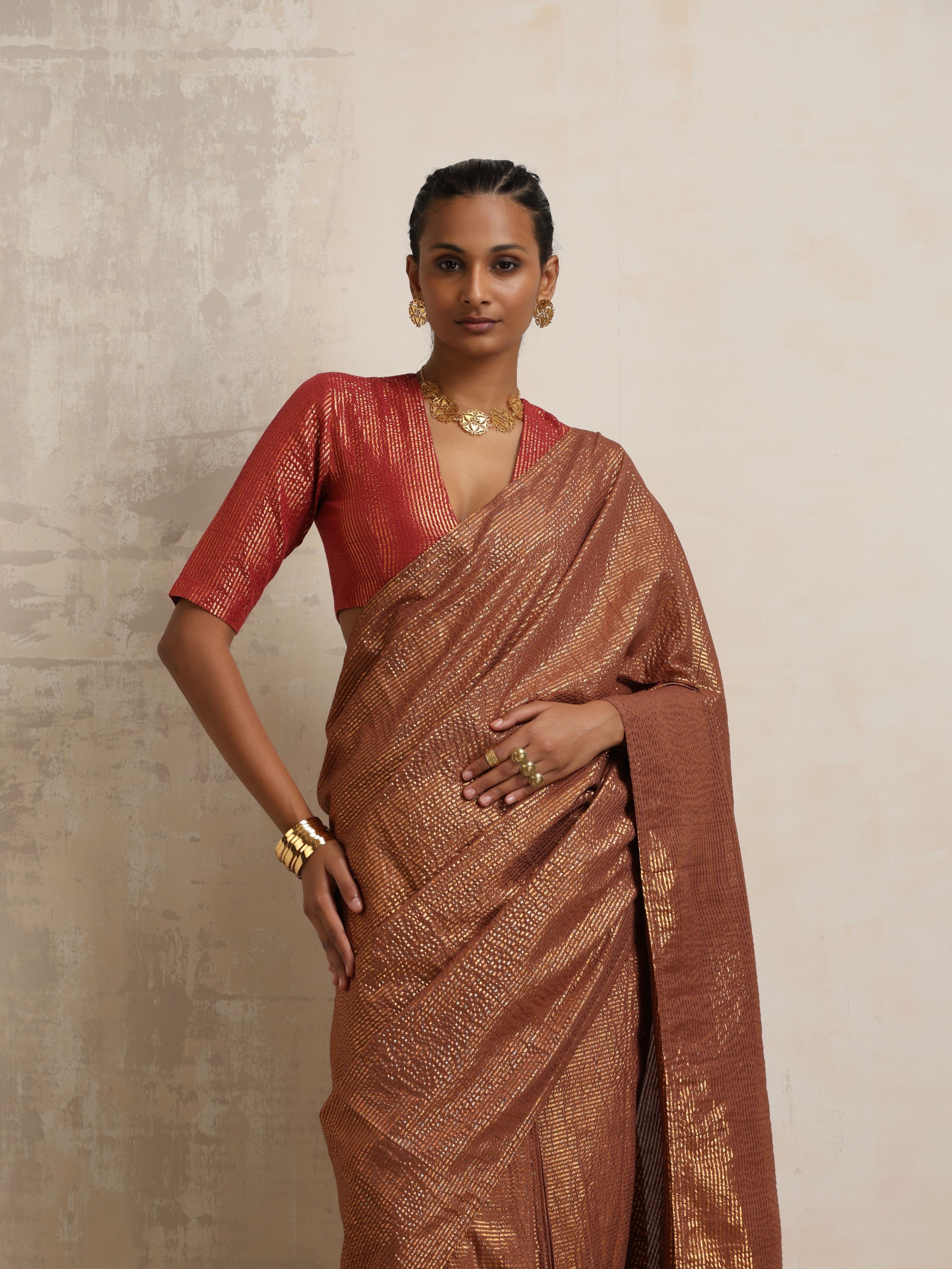 trueBrowns Brown Gold Lurex Ready To Wear Saree