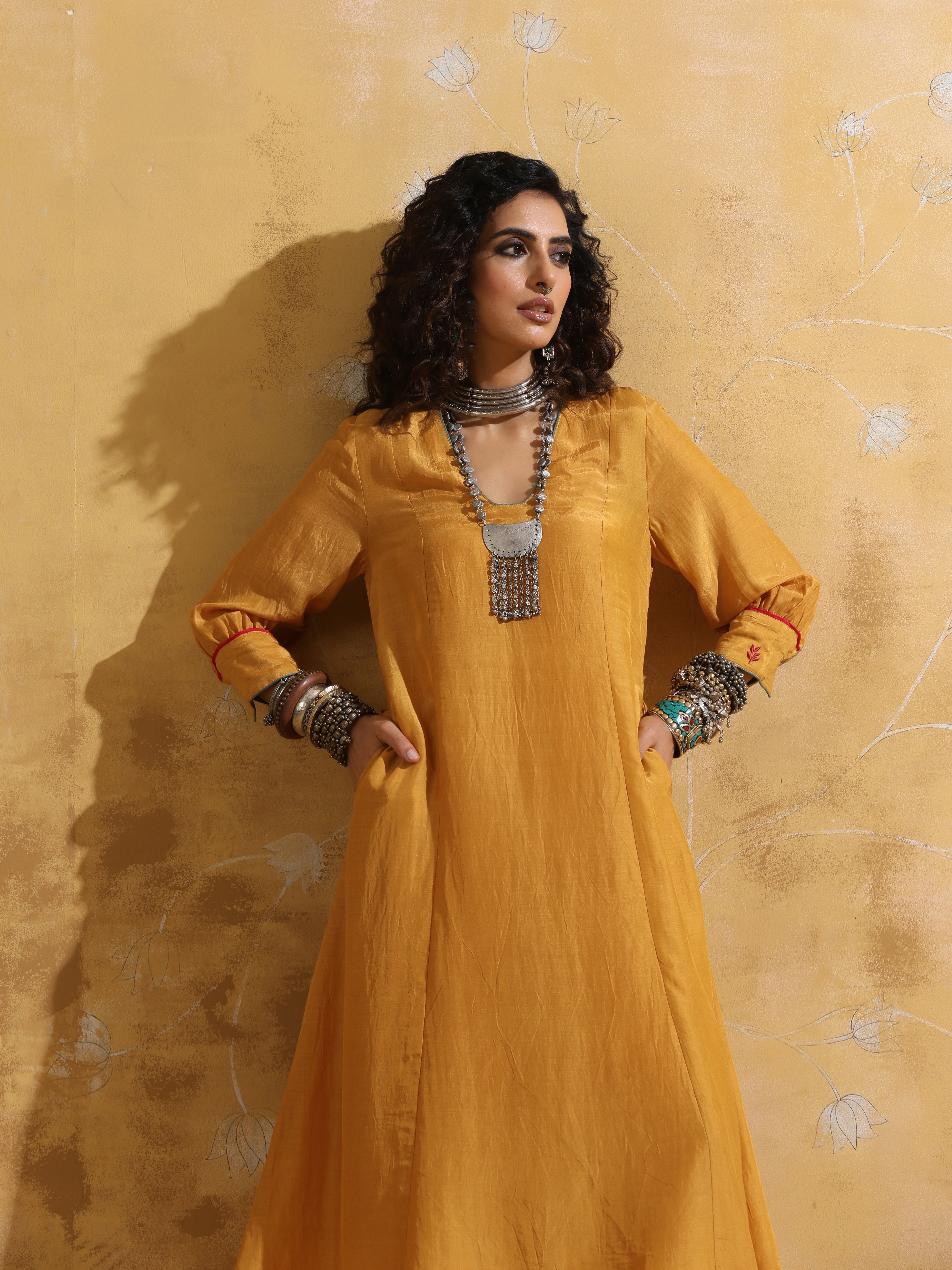 trueBrowns Mustard Muslin Silk A-line Kurta Pant Set