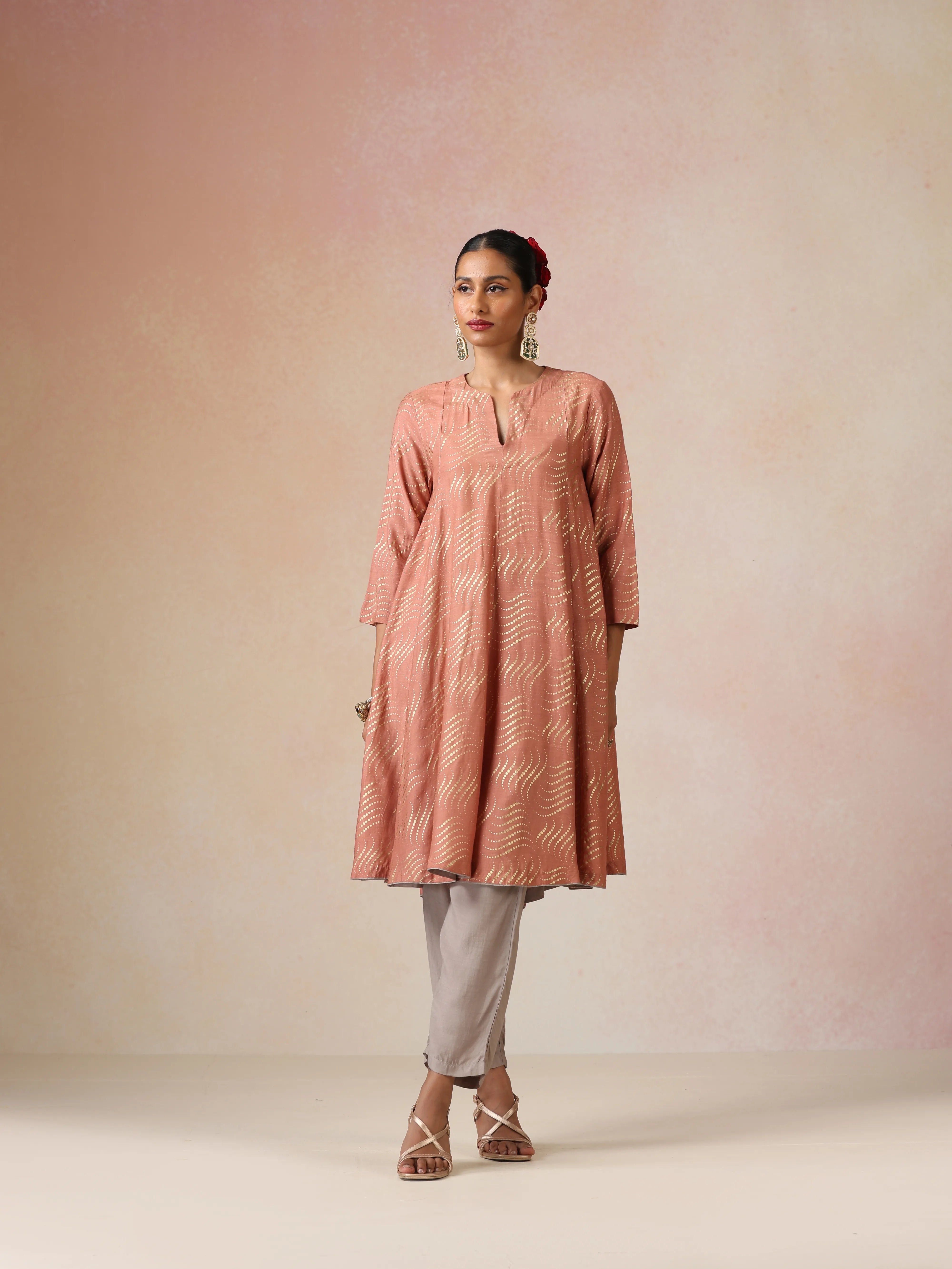 trueBrowns Peach Gold Foil Print Muslin Silk Flared Kurta Co-ord Set