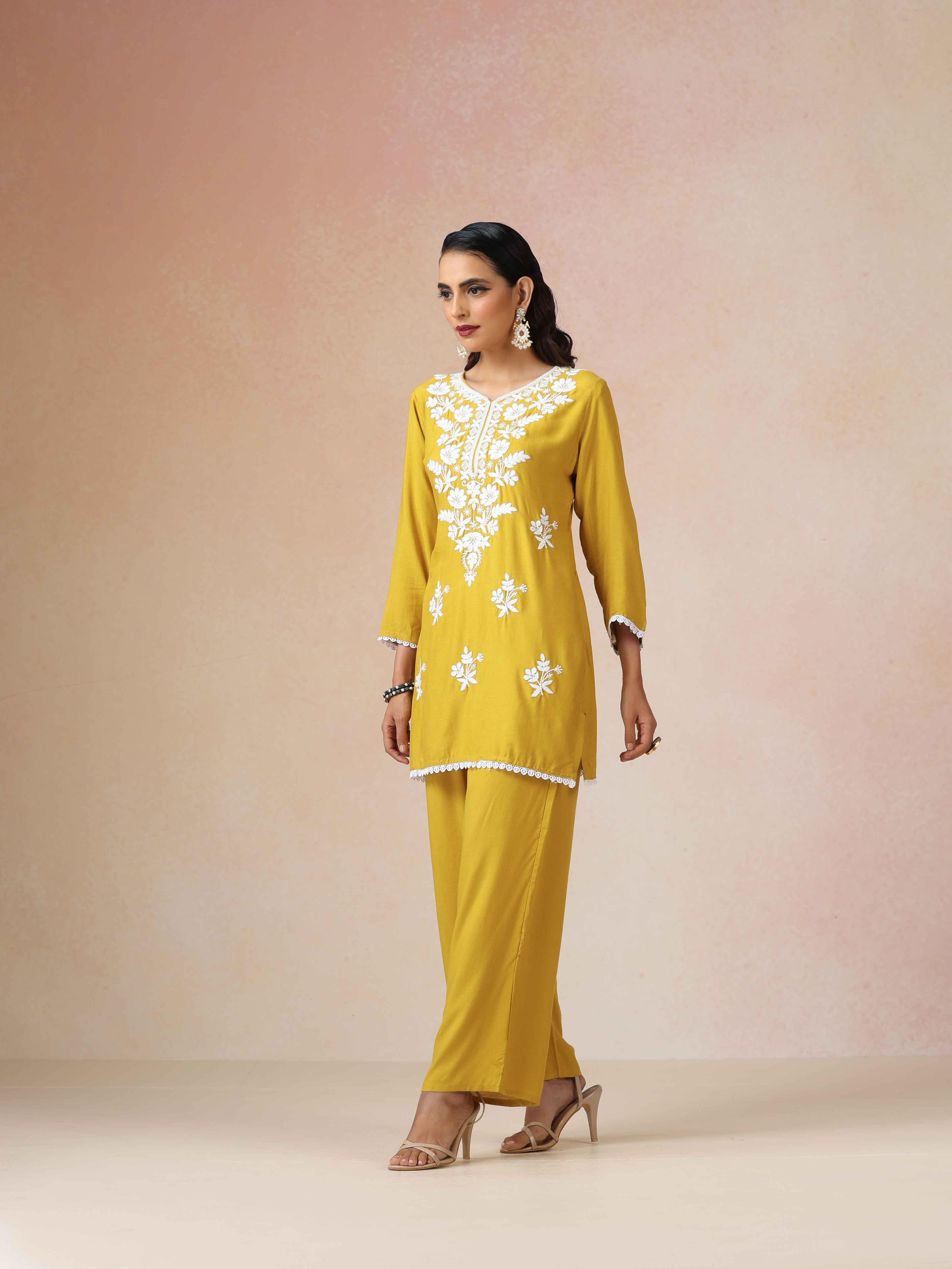 trueBrowns Yellow Embroidered Straight Kurta Co-Ord Set