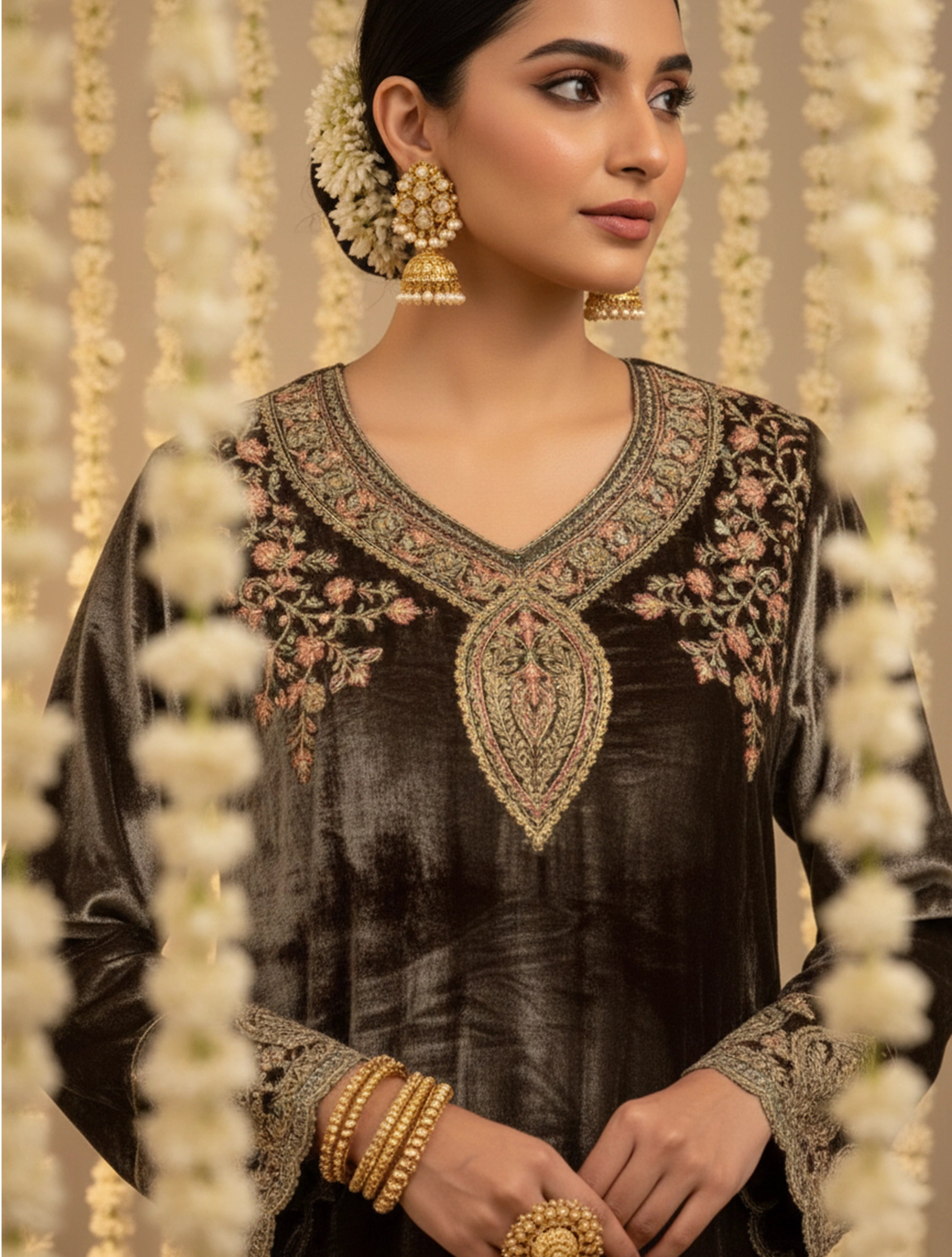 trueBrowns Brown Velvet Embroidered Chogha Pants Dupatta Set