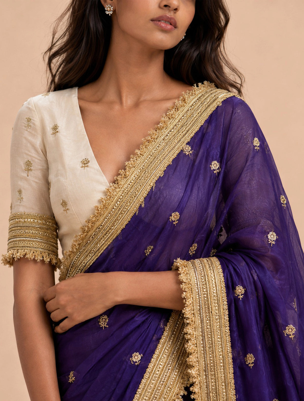 trueBrowns Purple Embroidered Satin Tissue Saree With Unstitched Blouse