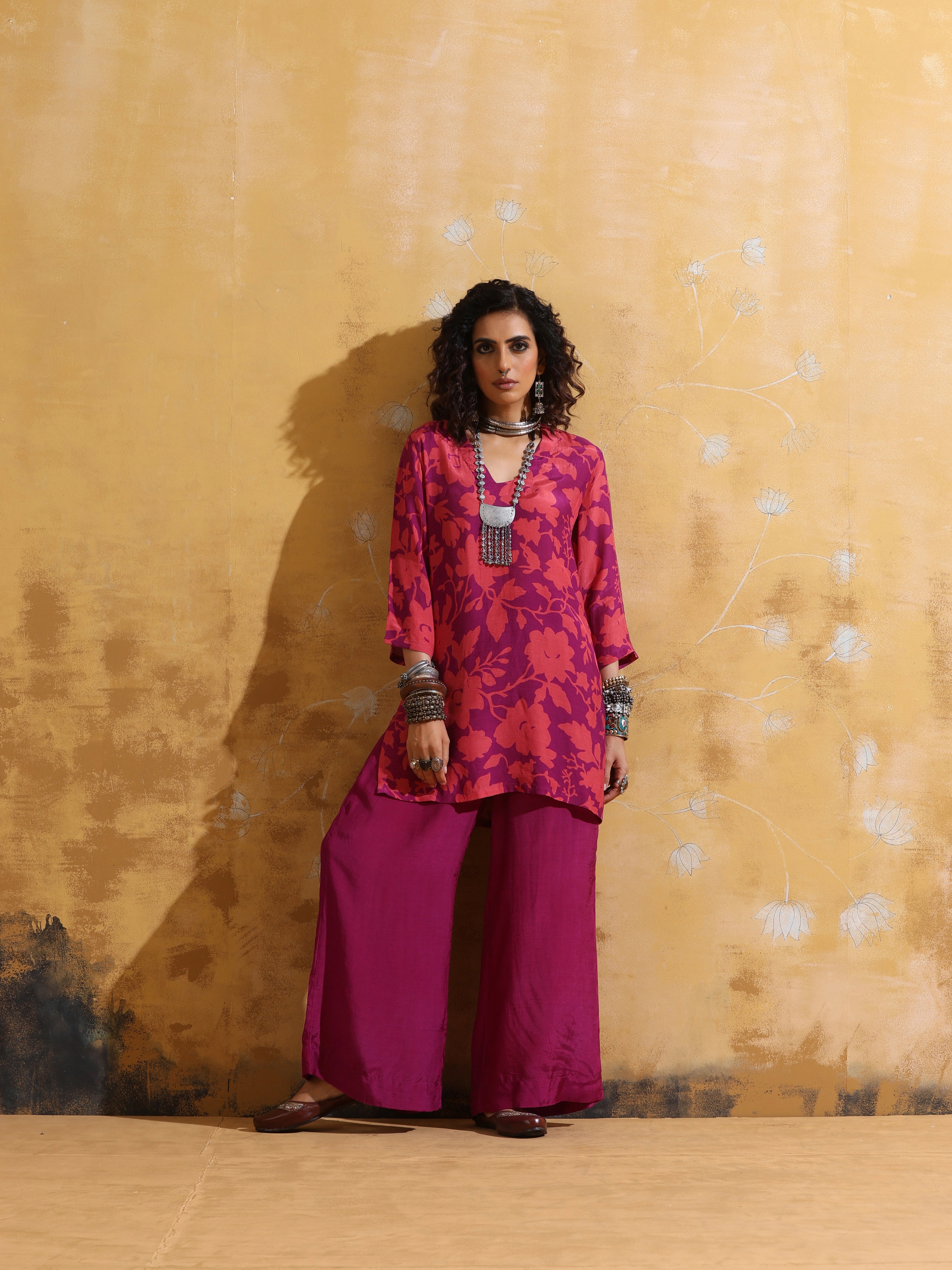 trueBrowns Purple Peach Jaal Print Muslin Silk Flared Pants Co-ord Set