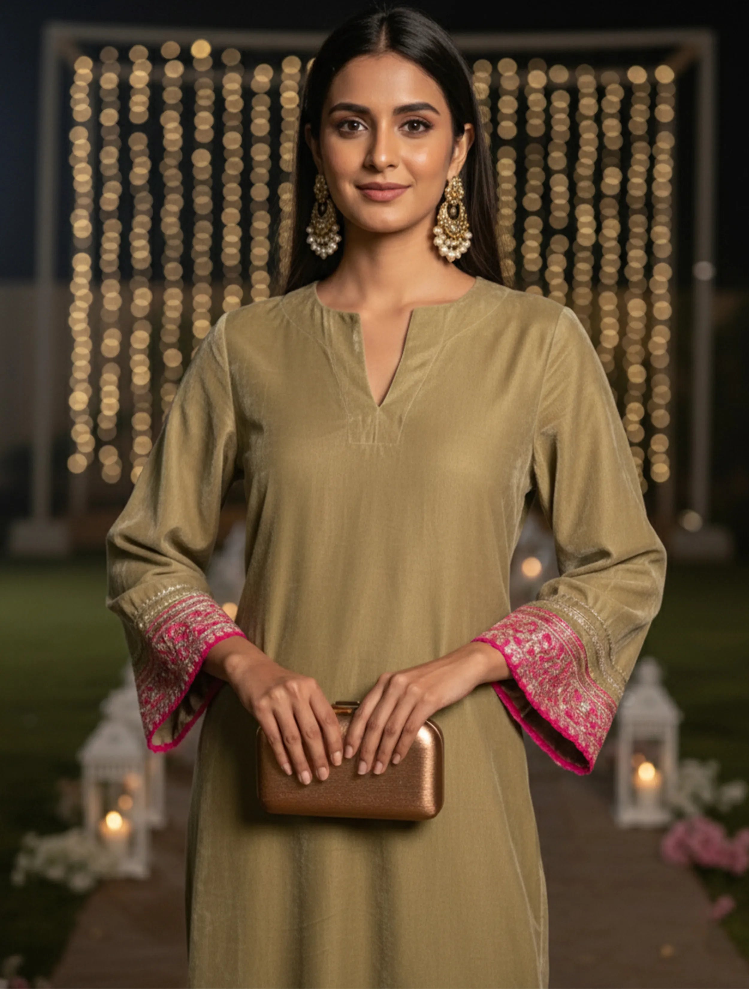 trueBrowns Green Bell Sleeves Velvet Dress