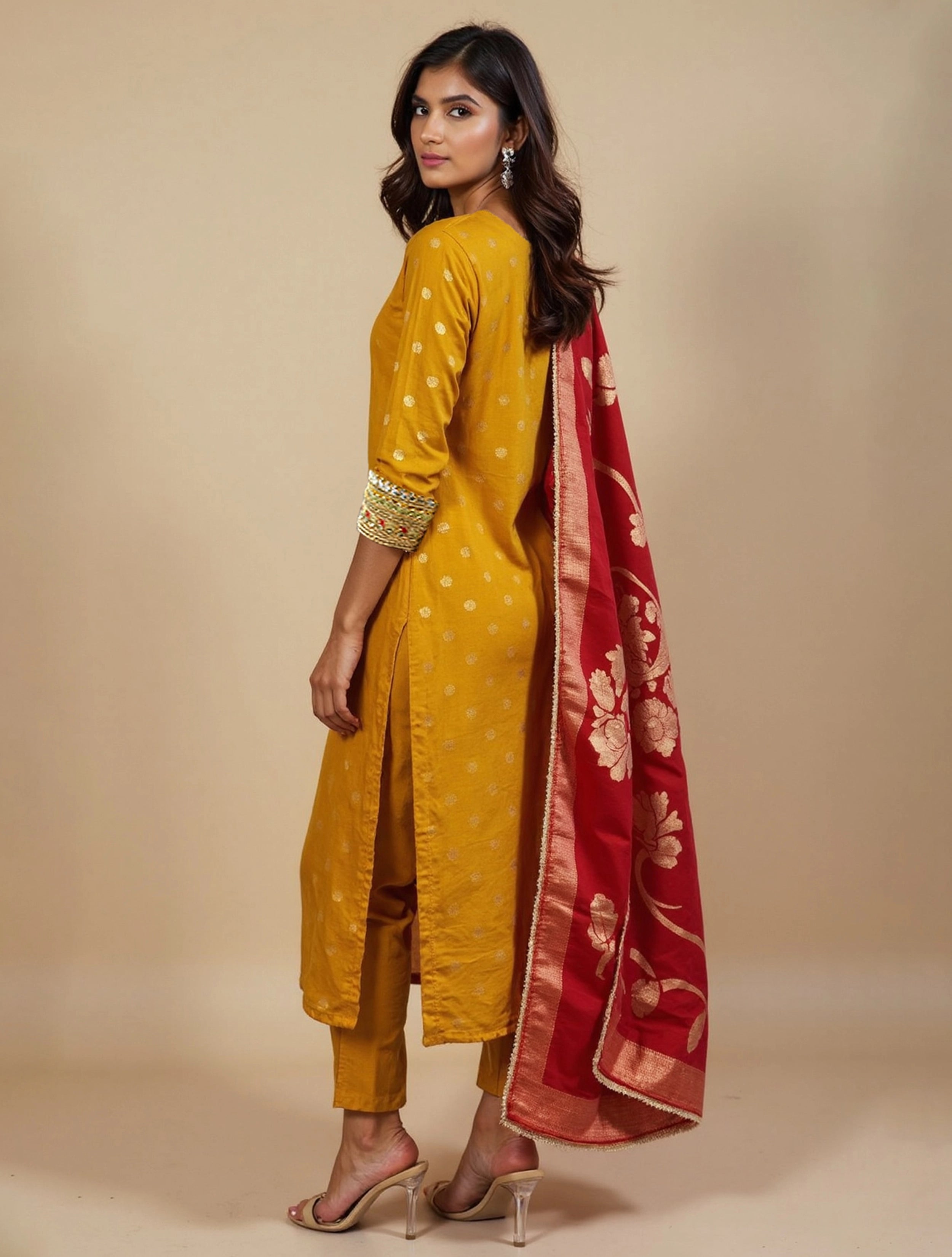 trueBrowns Yellow Jacquard Straight Kurta Pant Dupatta Set