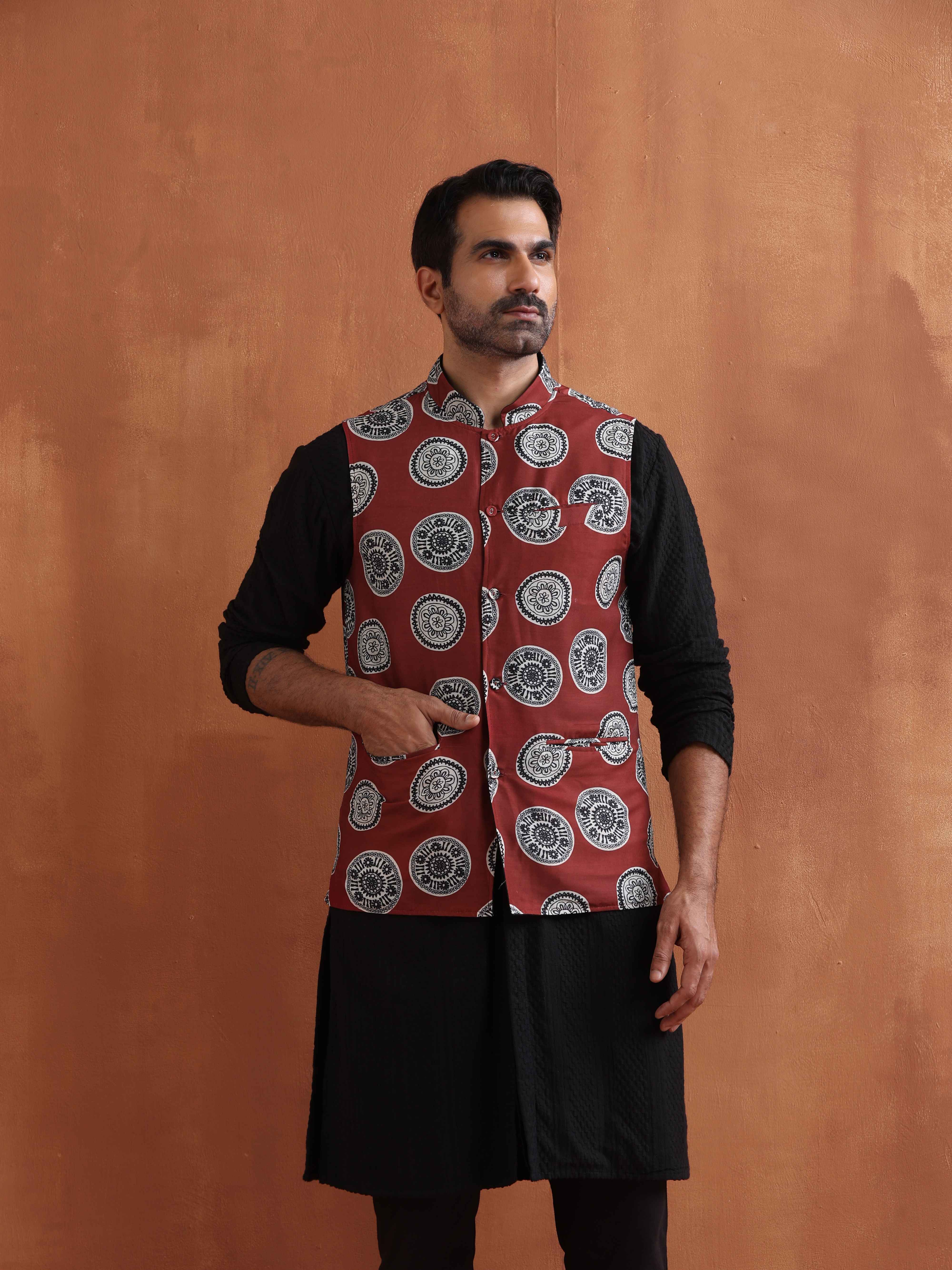 trueBrowns Men's Rust Printed Nehru Jacket