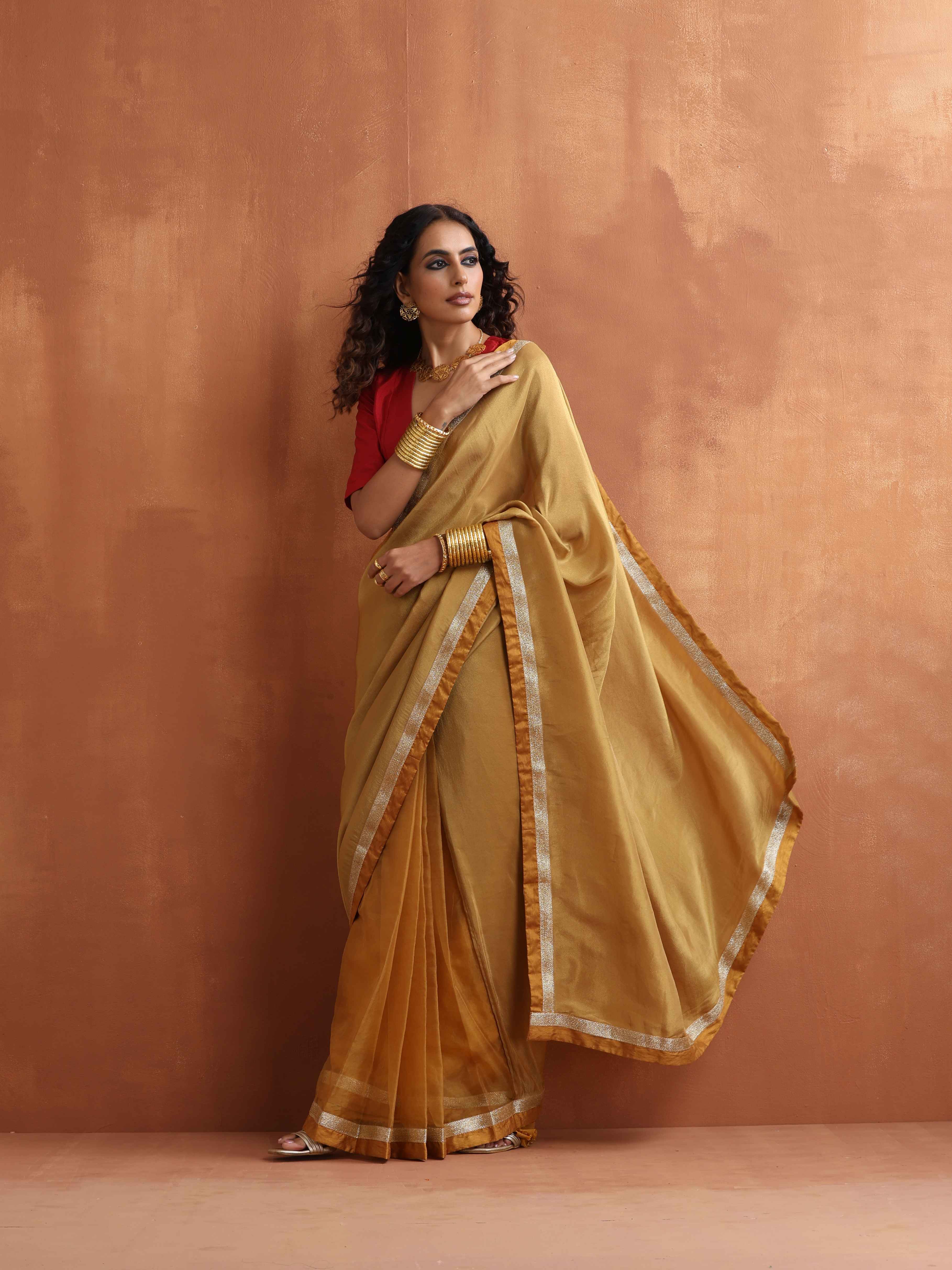 trueBrowns Gold Tissue Ready To Wear Saree