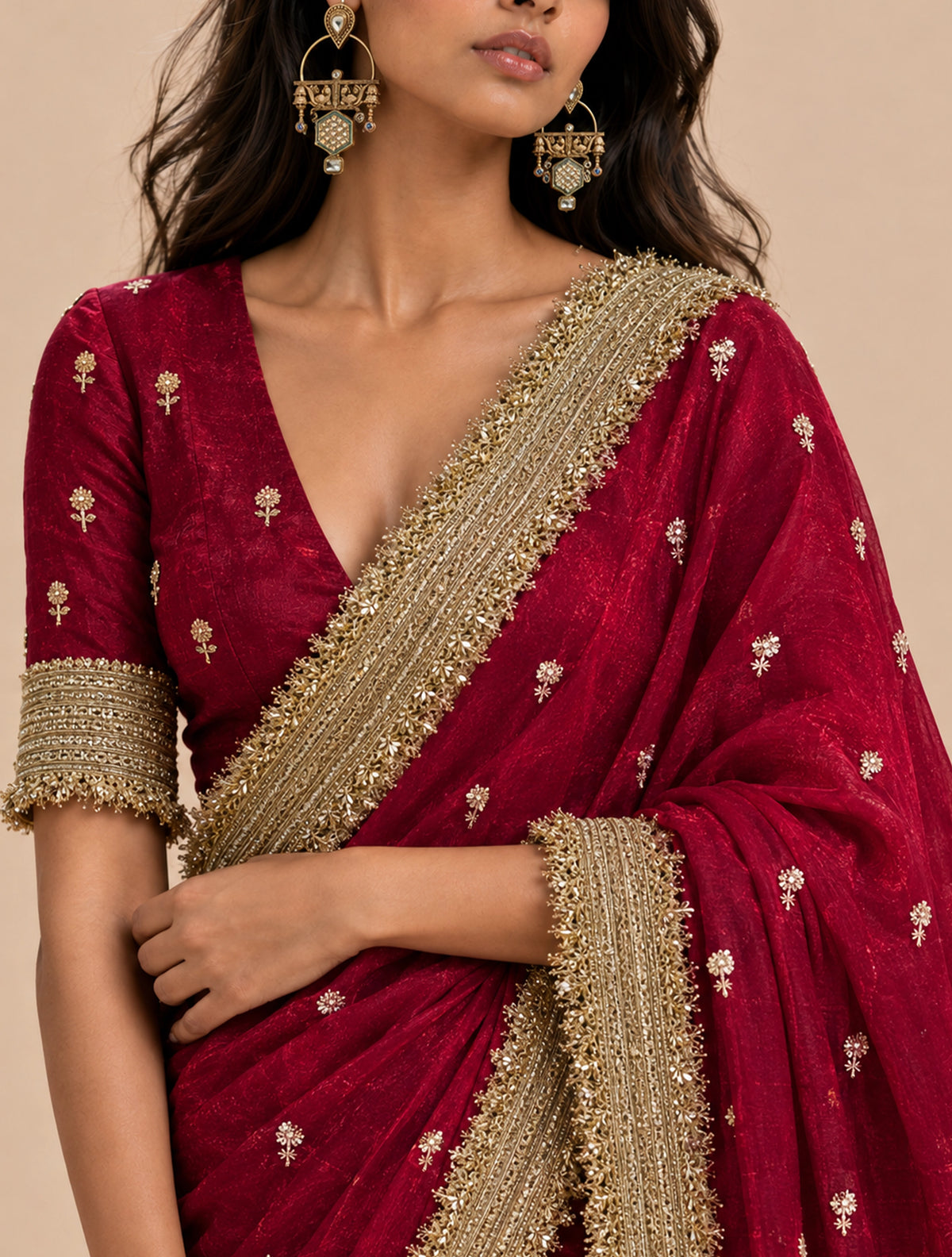trueBrowns Maroon Embroidered Satin Tissue Saree With Unstitched Blouse