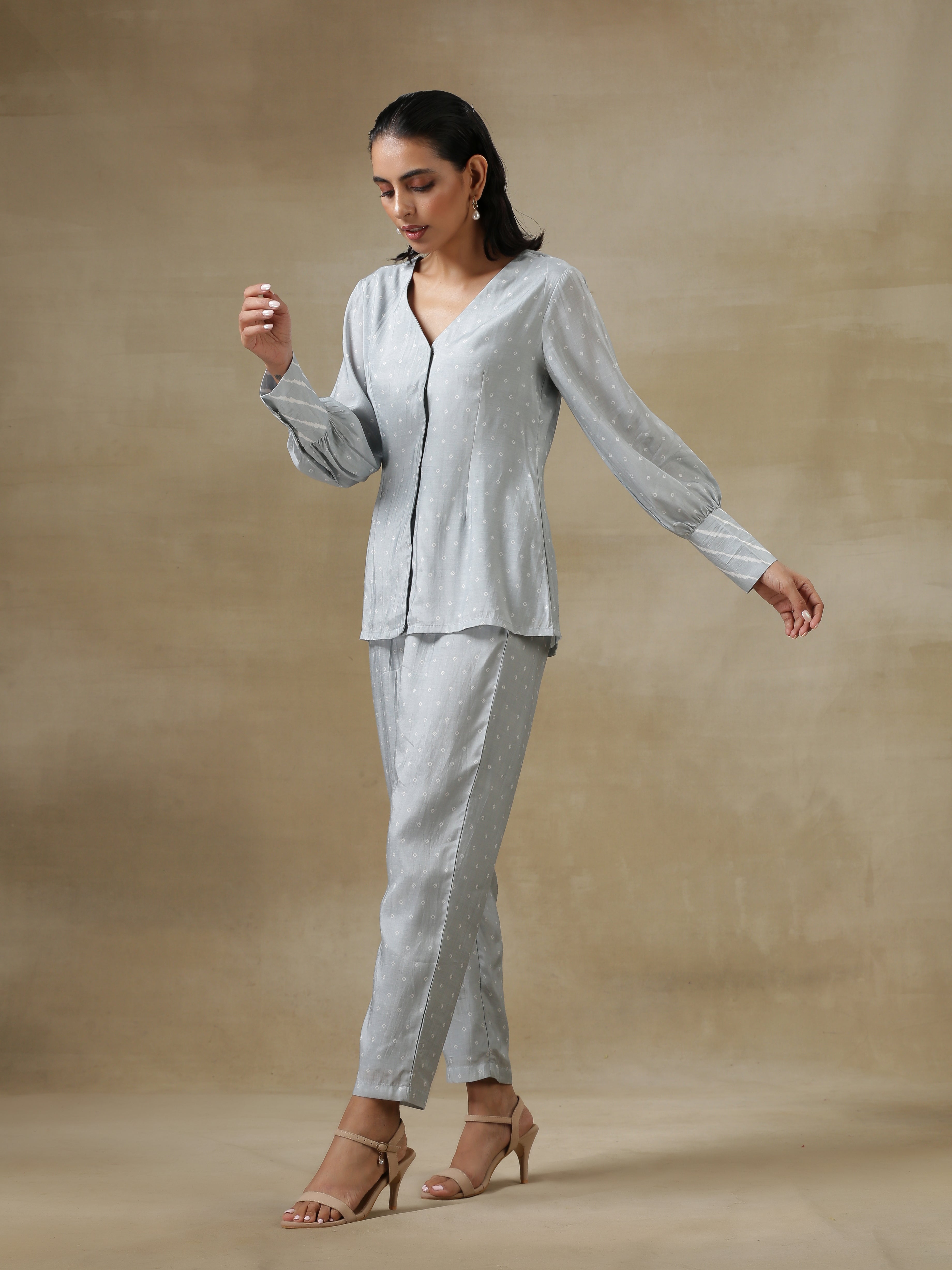 Grey Bandhani Printed Silk Front Open Short Co-Ord Set