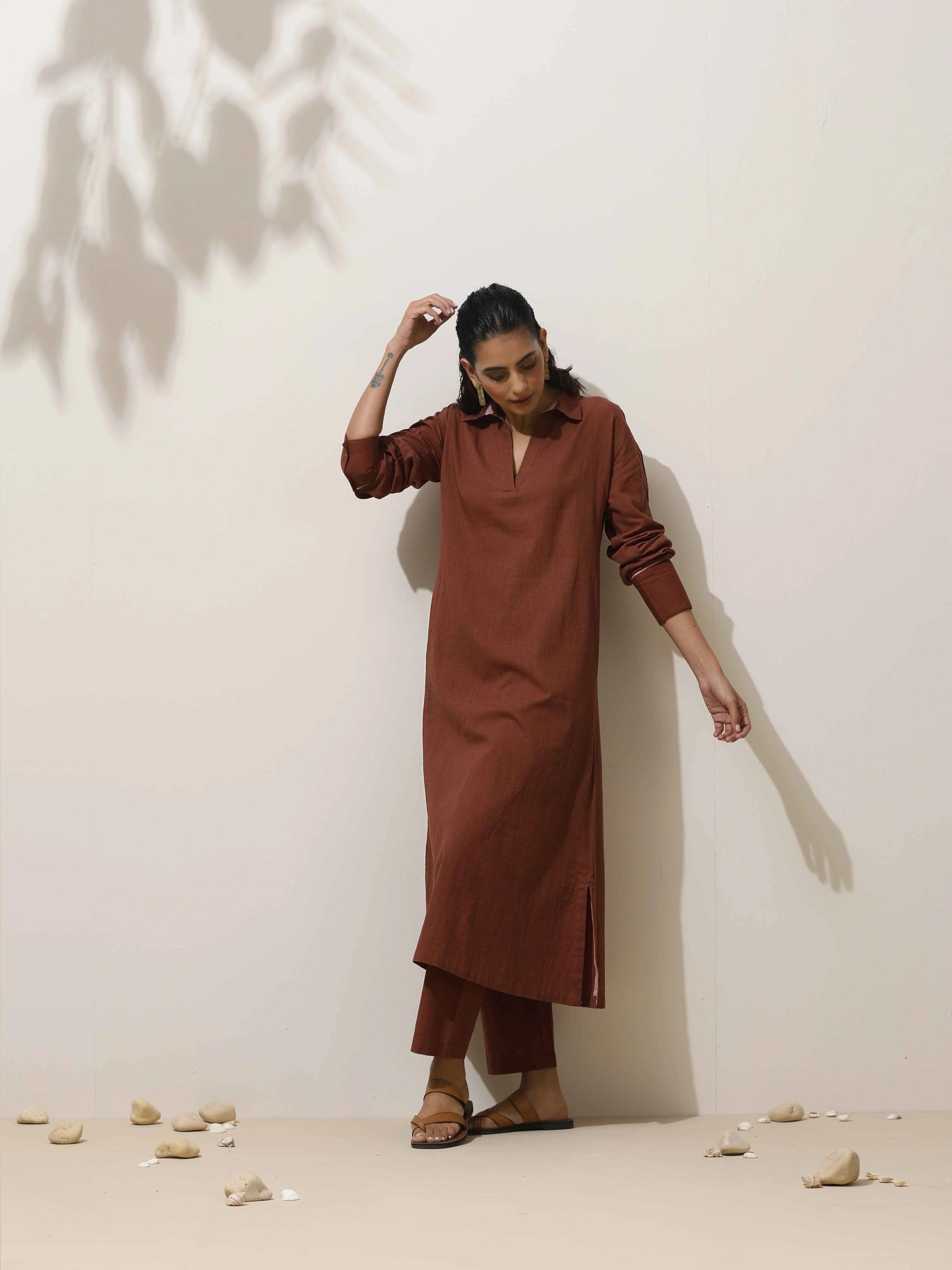 trueBrowns Brown Cotton Linen Kurta Pant Set