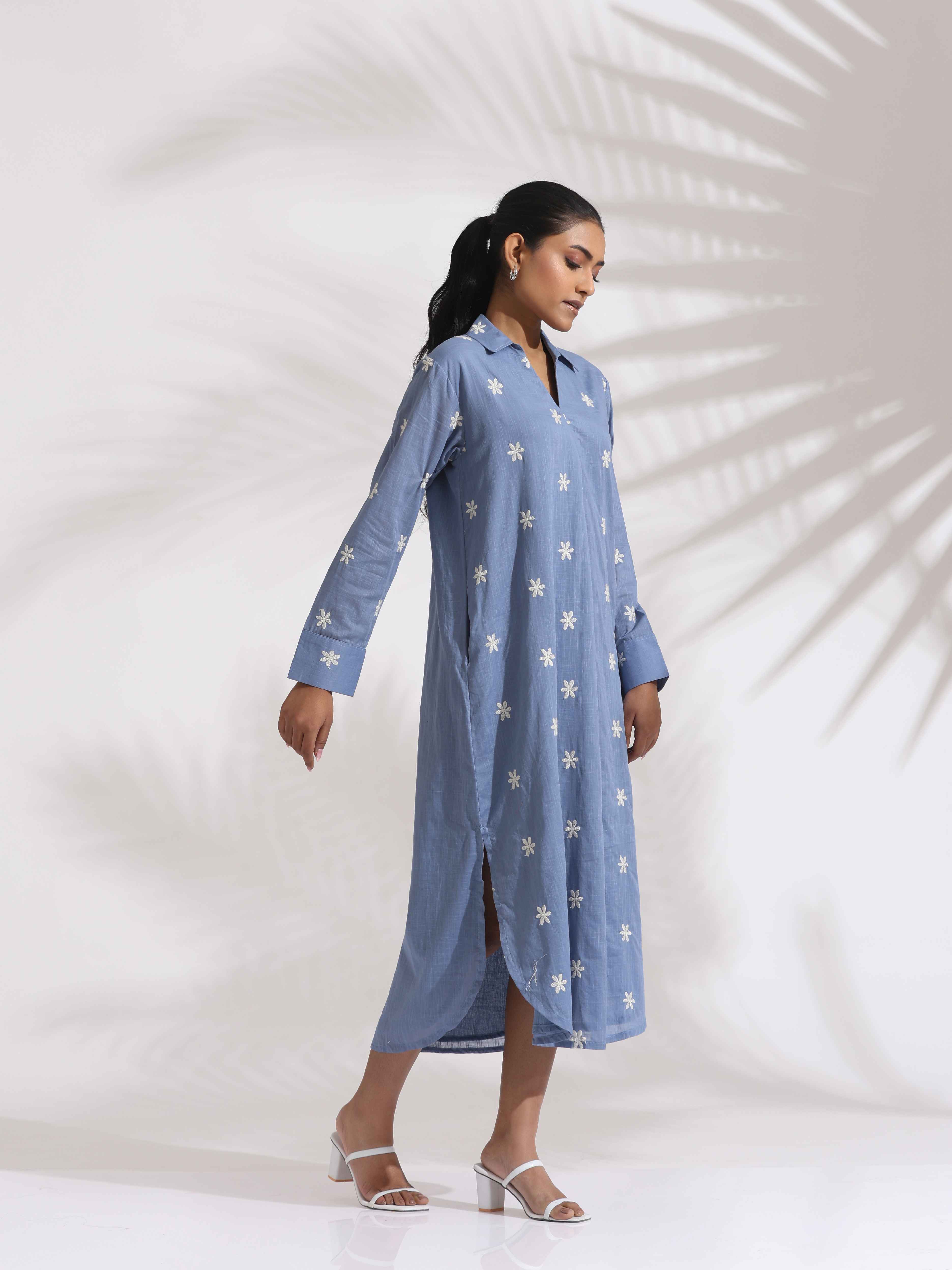 trueBrowns Blue Cotton Floral Embroidered Dress