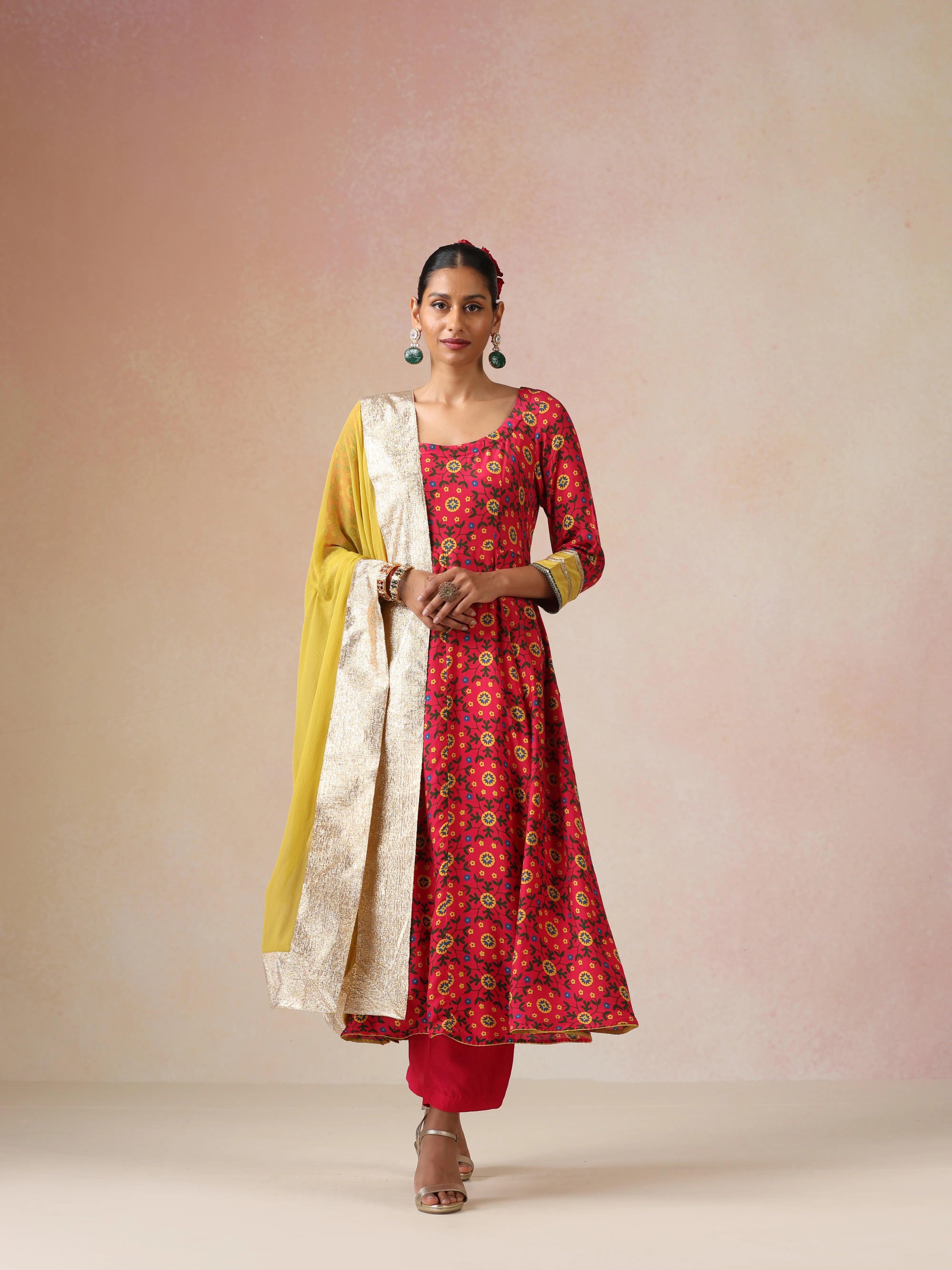 trueBrowns Pink Green Floral Print Viscose Anarkali Kurta Pants Dupatta Set