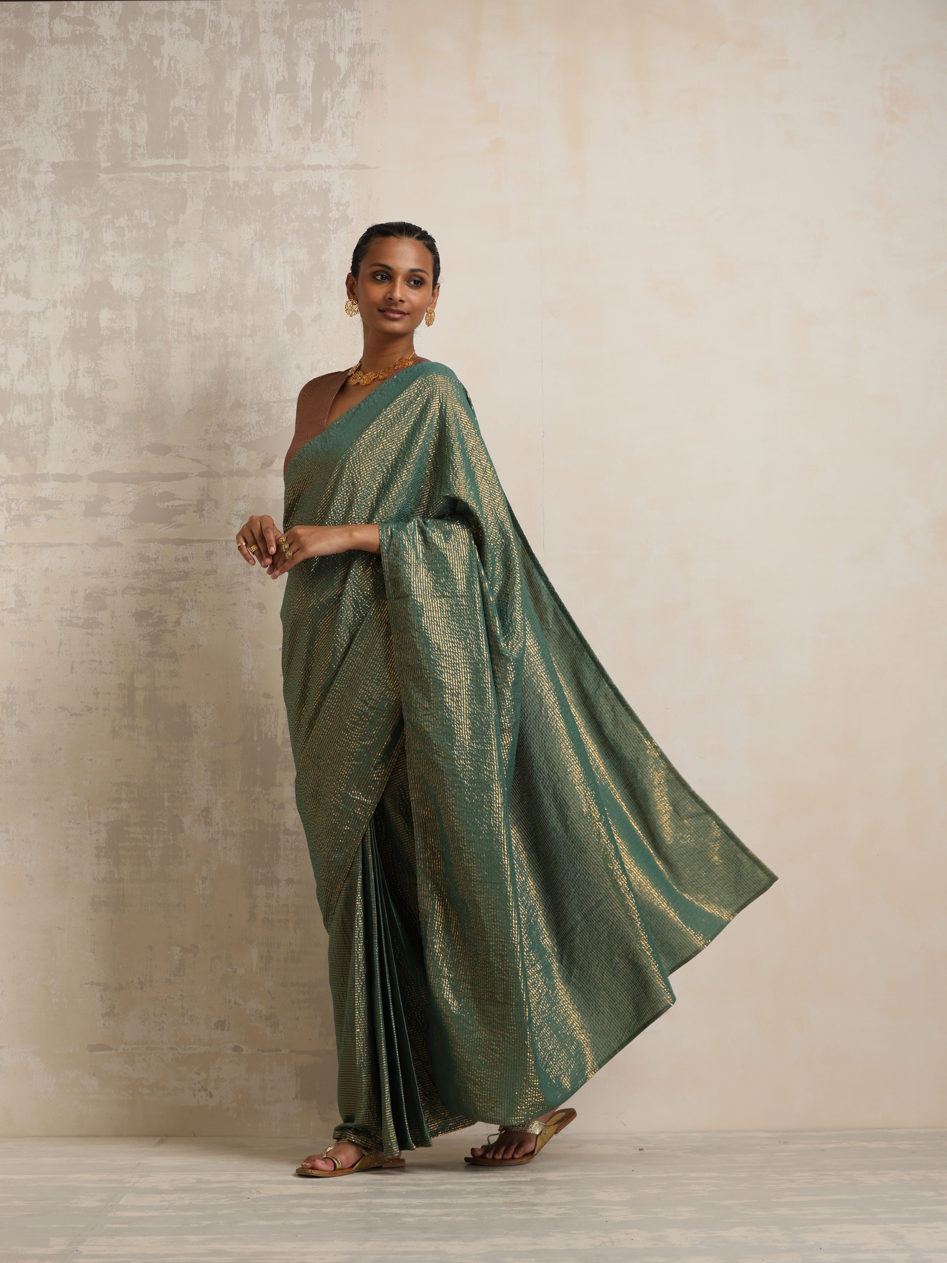 trueBrowns Dark Green Gold Lurex Saree