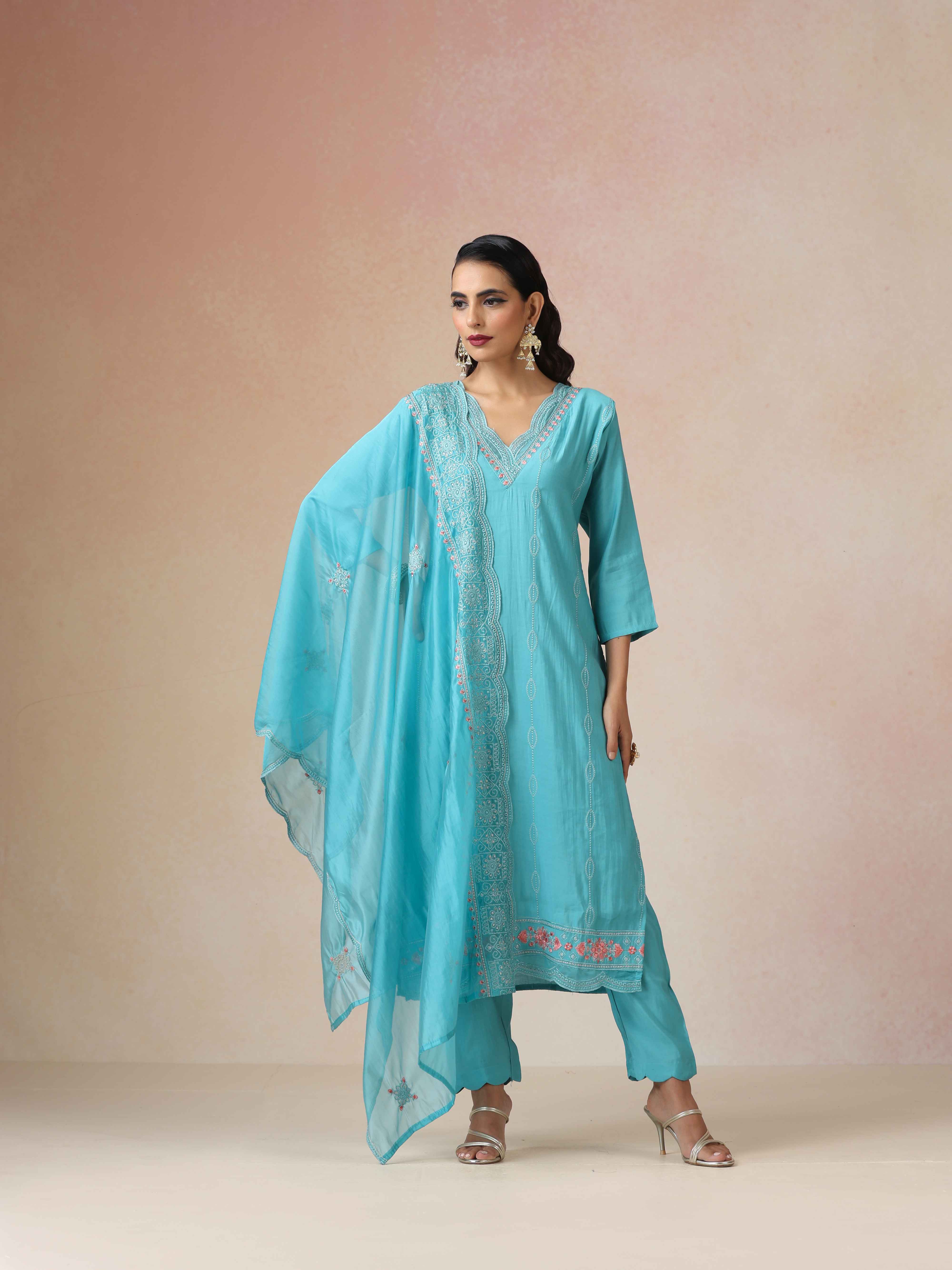trueBrowns Blue Embroidered Kurta Pant Dupatta Set