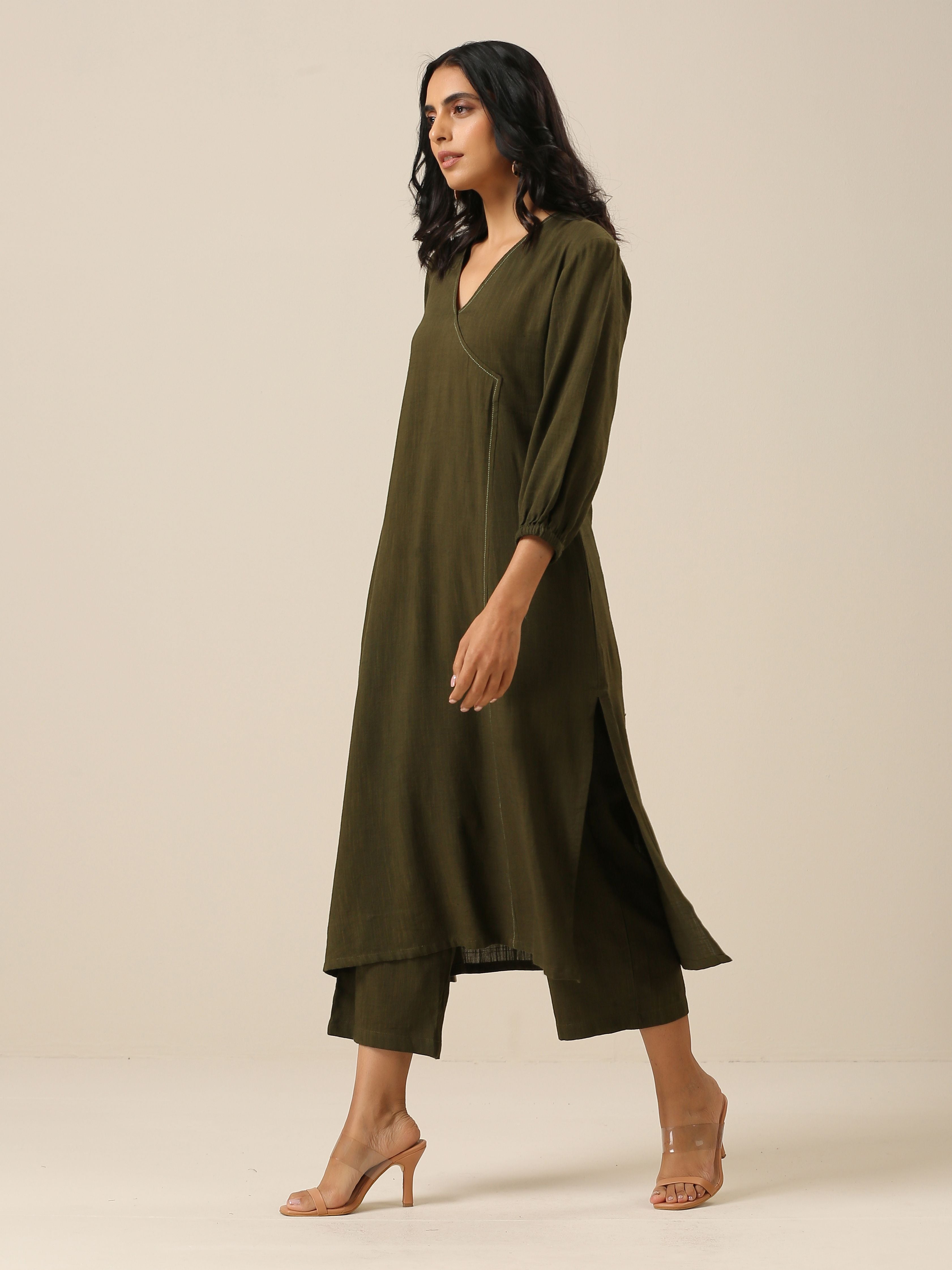 Olive Green Slub Texture Kurta Pant Set