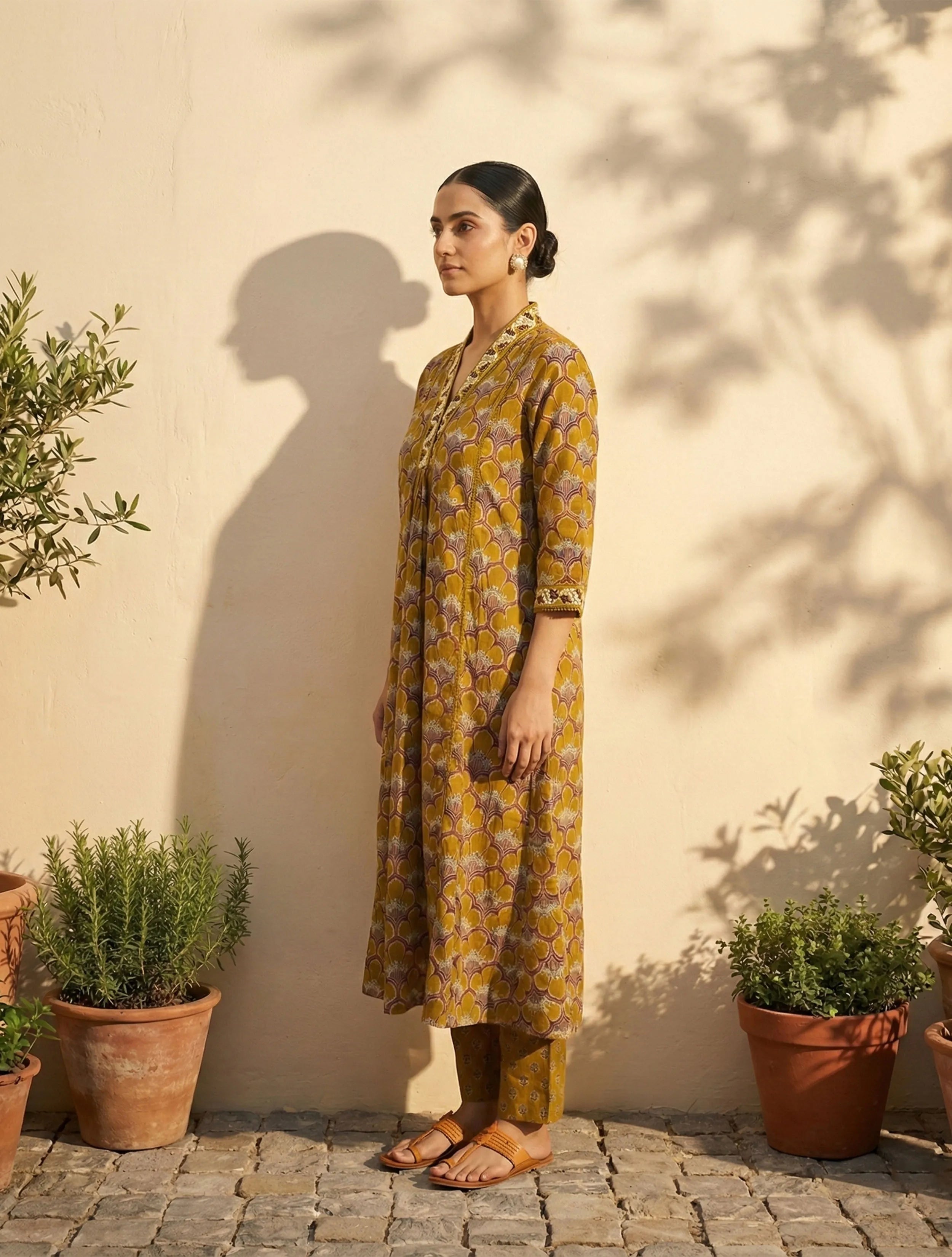 trueBrowns Mustard Floral Print V-Neck Anarkali Kurta Pant Dupatta Set