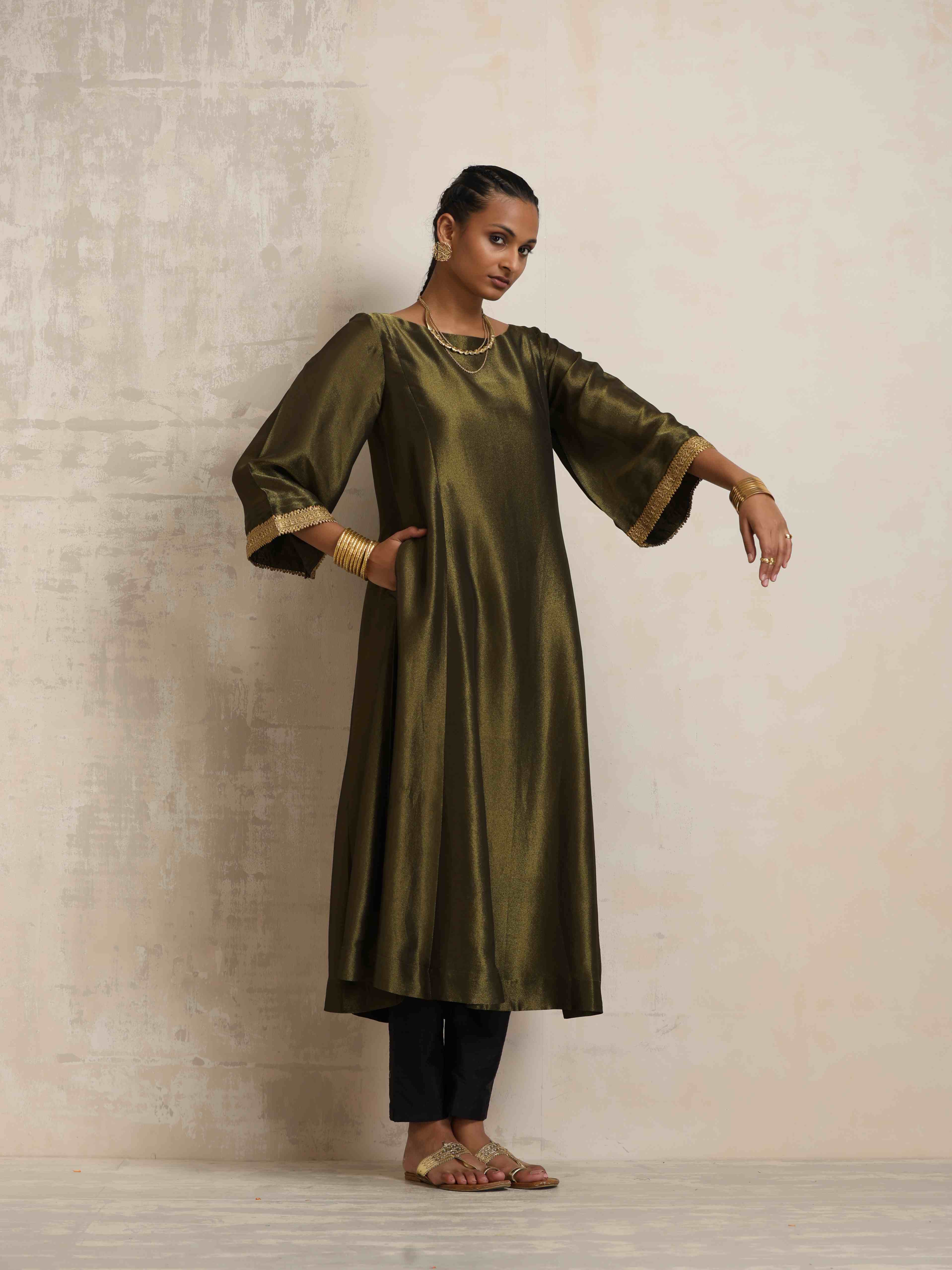 trueBrowns Olive Green Tissue Flared Anarkali Kurta Set