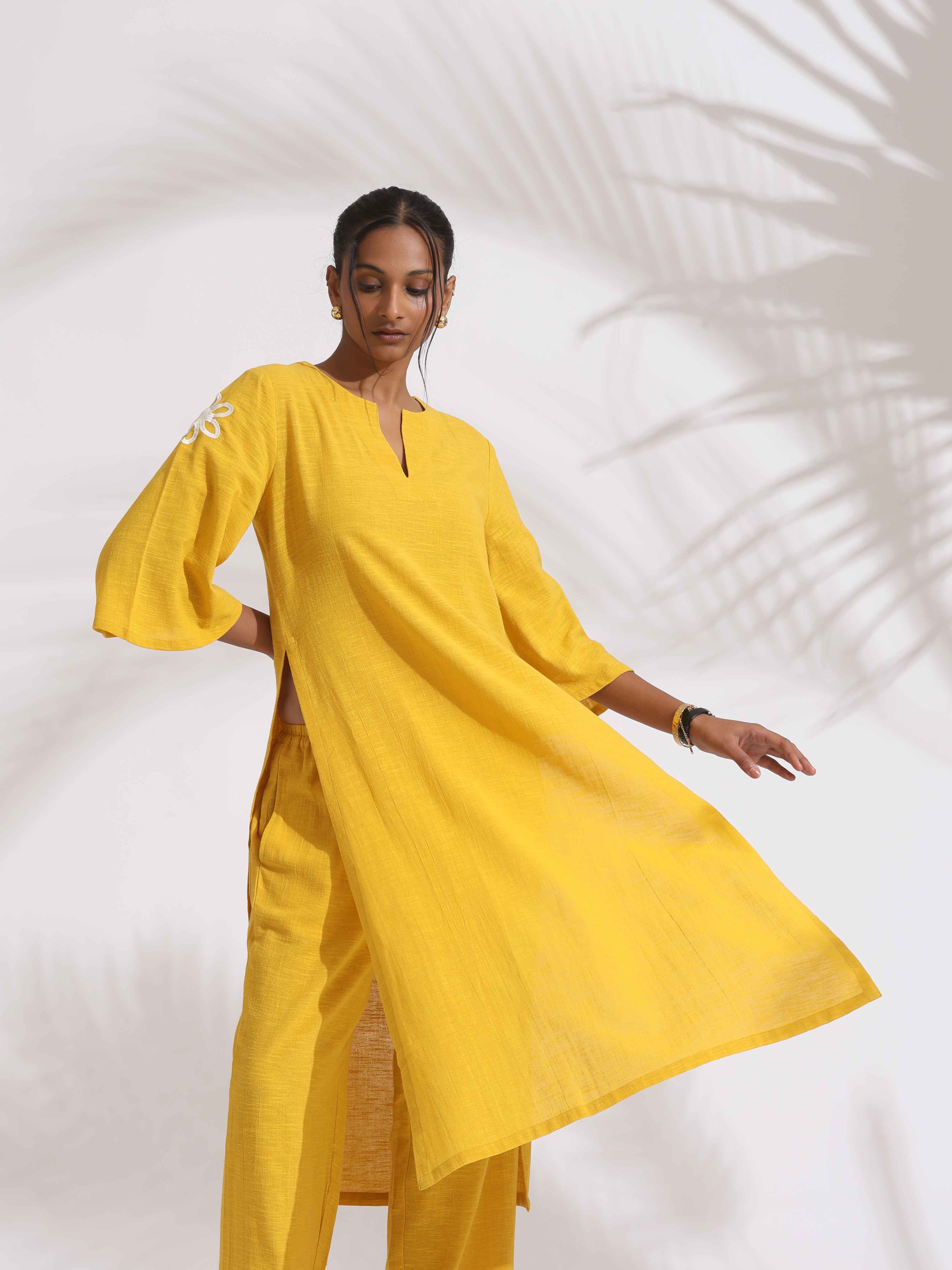 trueBrowns Yellow Cotton Slub Embroidered Straight Kurta Set