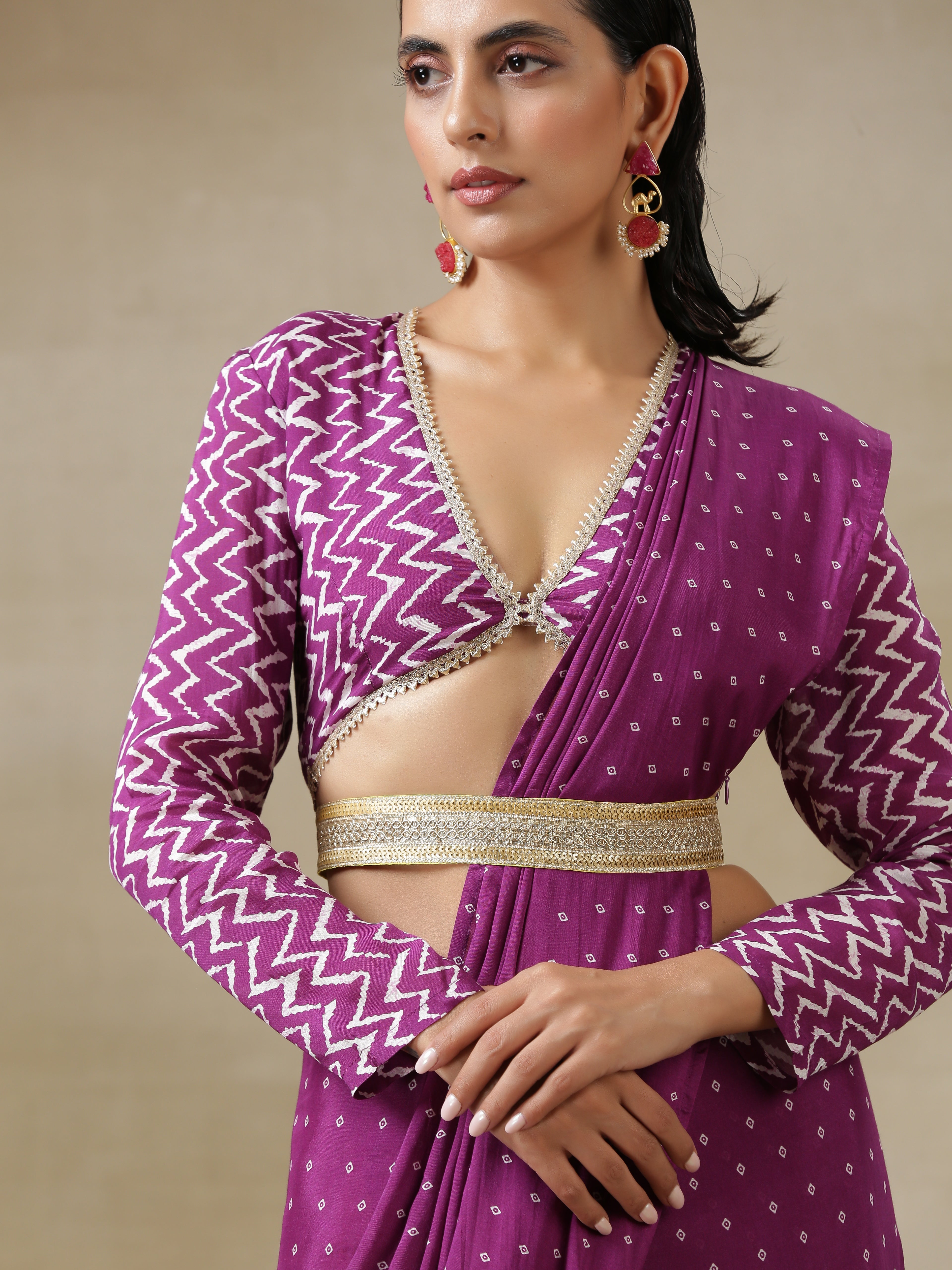 Purple Bandhani Printed Silk Full Sleeve Blouse