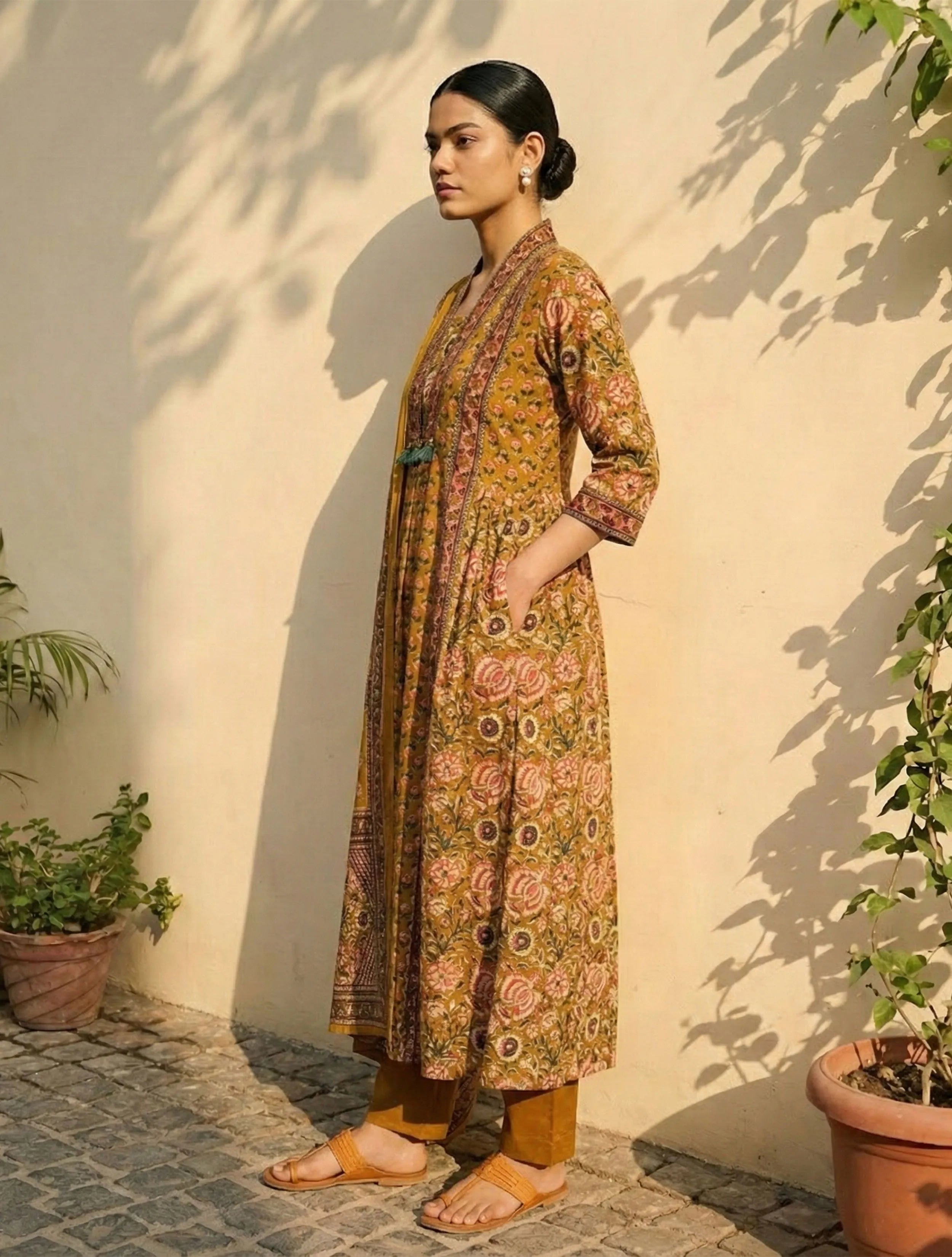trueBrowns Mustard Floral Print Anarkali Kurta Pant Dupatta Set