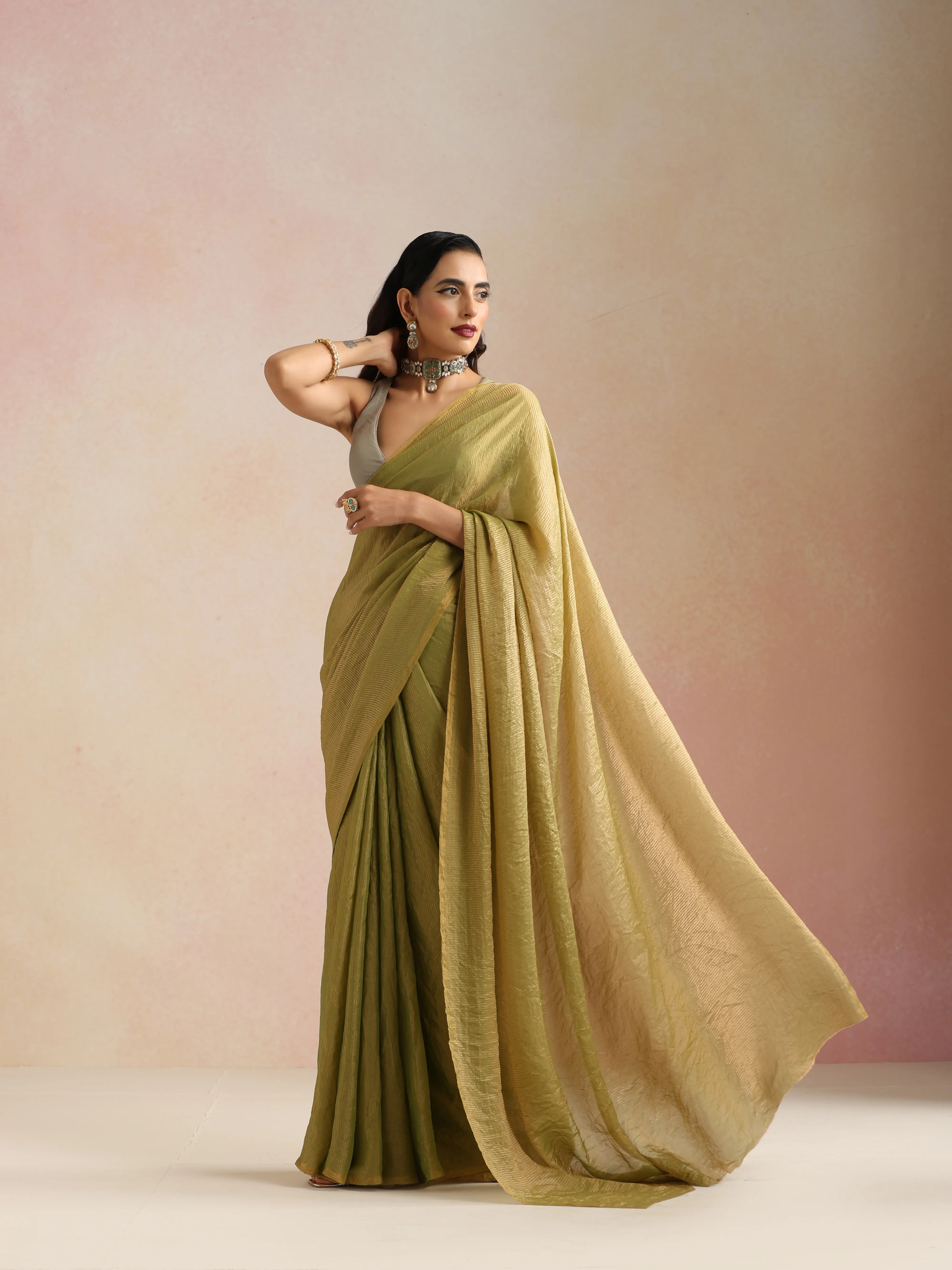 trueBrowns Green Tissue Stripe Saree With Unstitched Blouse