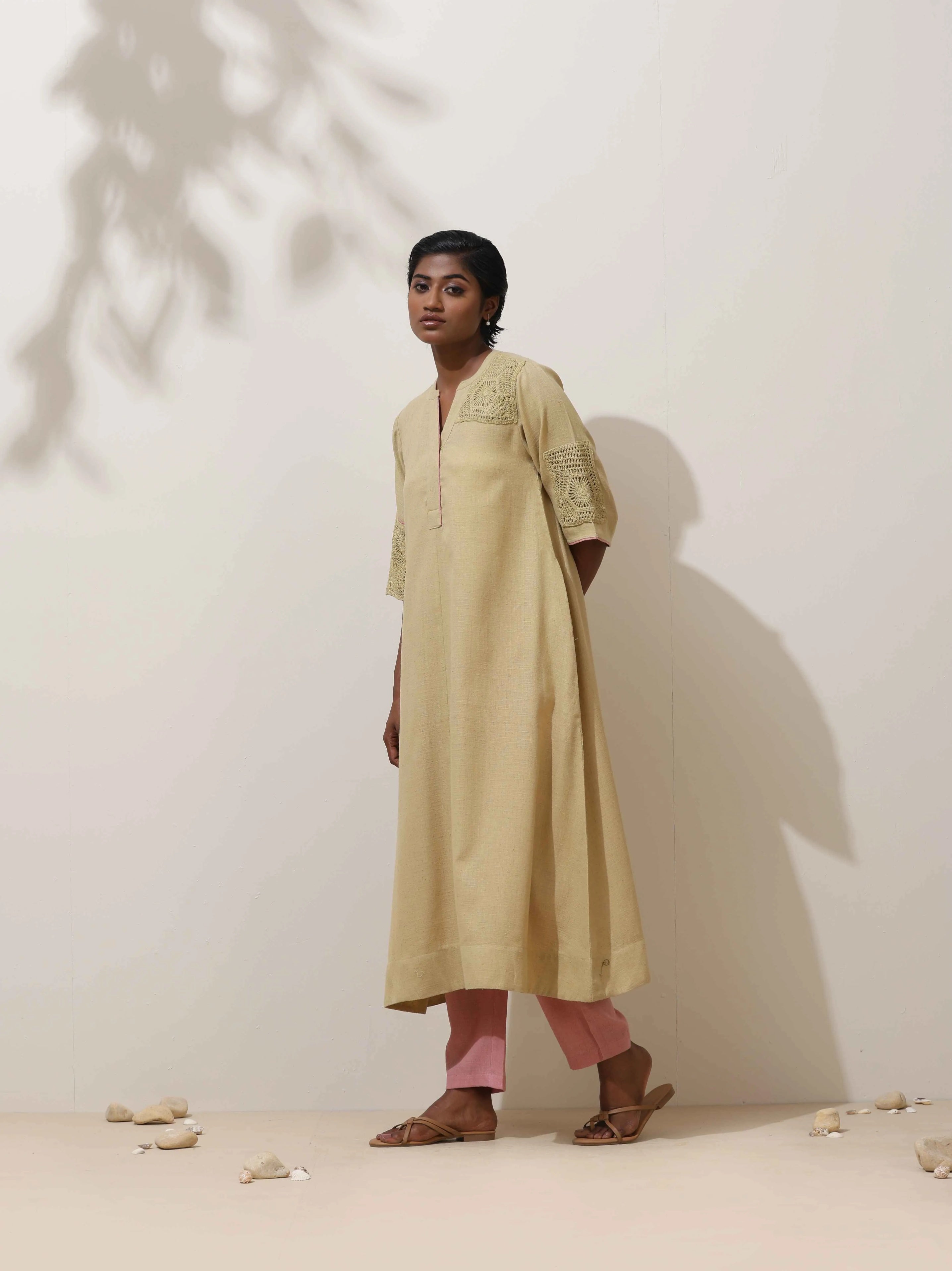 trueBrowns Souk Yellow Crochet Natural Cotton Kurta Pant Set