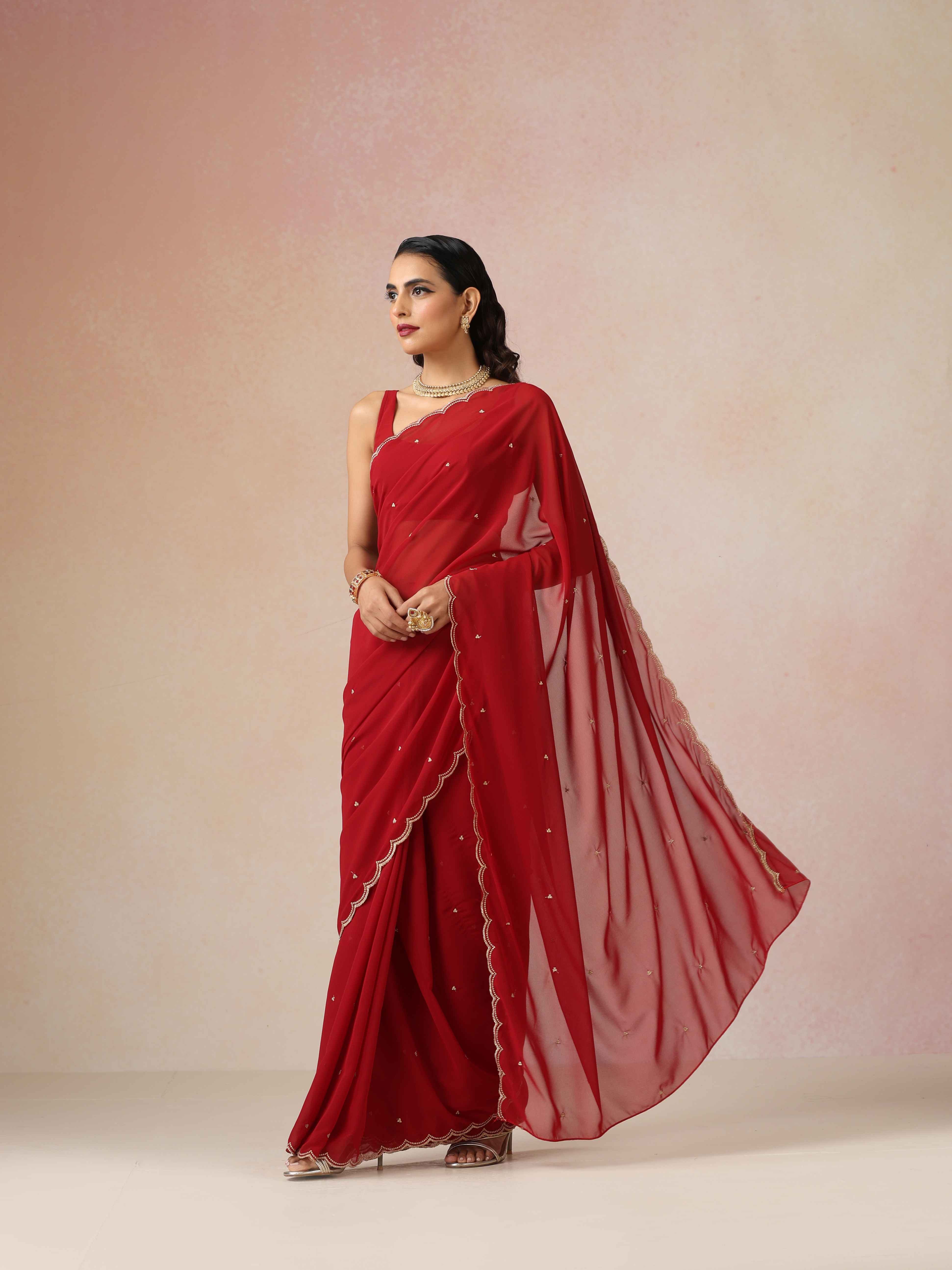 trueBrowns Maroon Georgette Embroidered Saree With unstitched Blouse