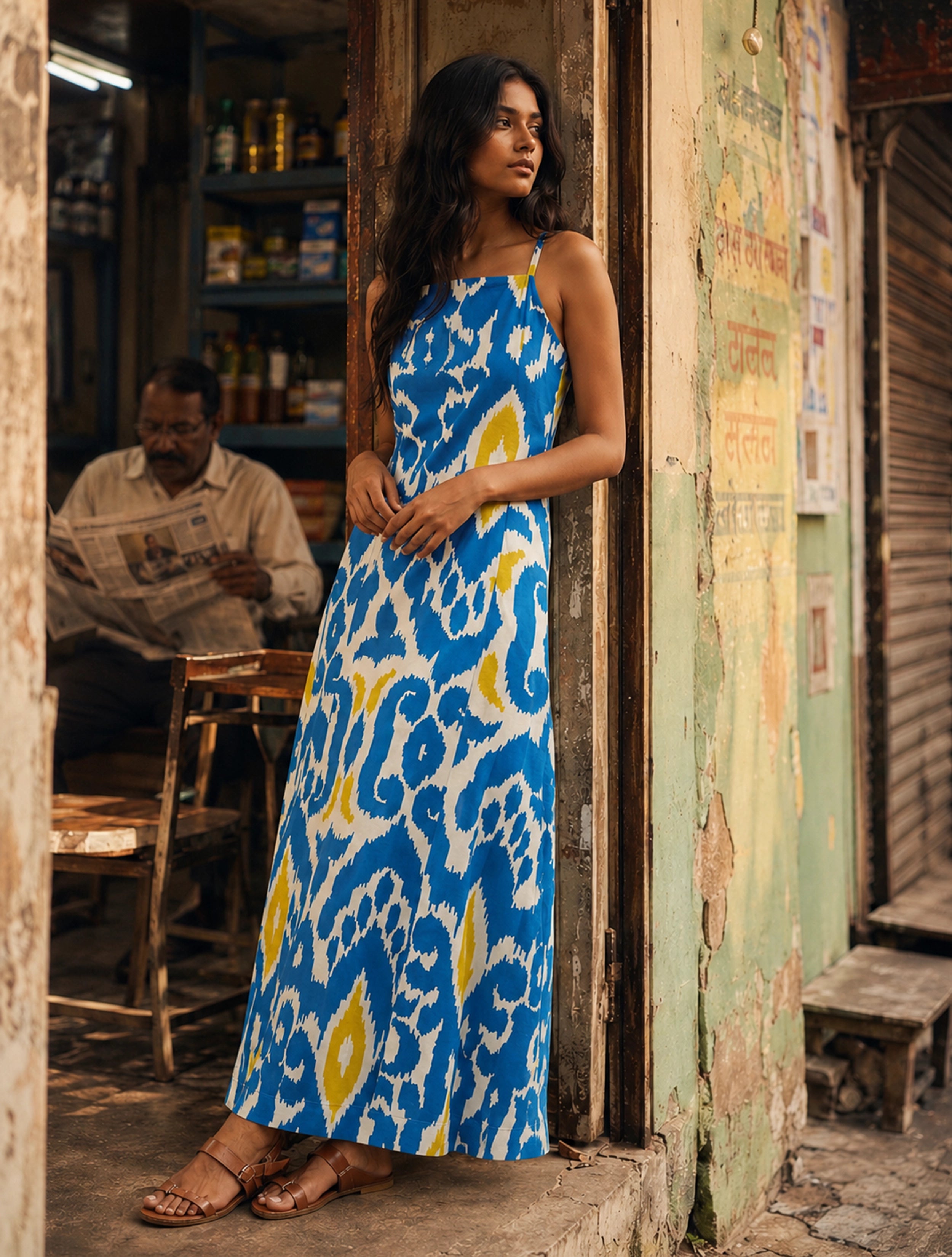 trueBrowns Blue Ikat Print Cotton Strappy Maxi Dress