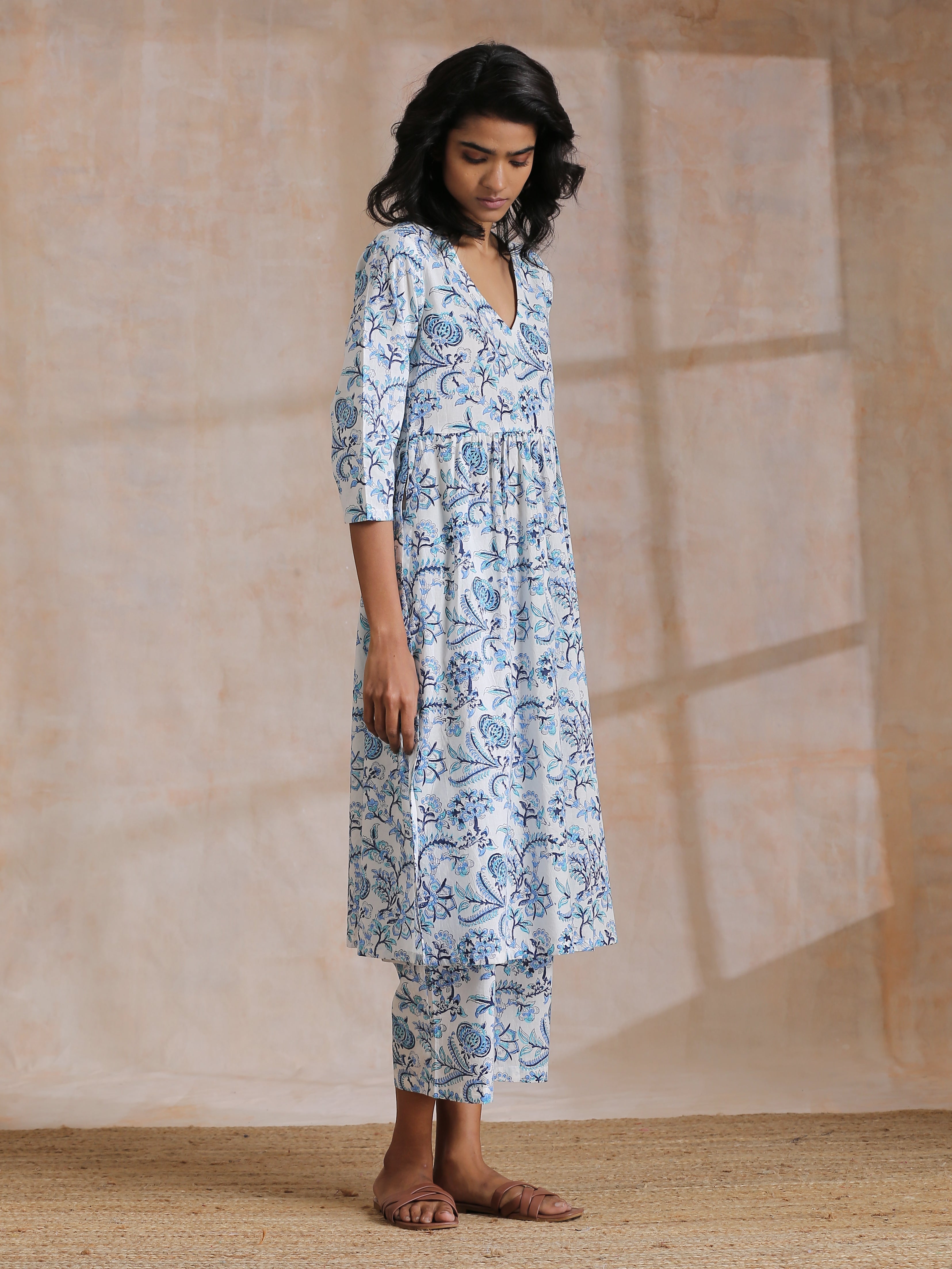 White With Overall Blue Print Cotton Slit Gathered Kurta Set